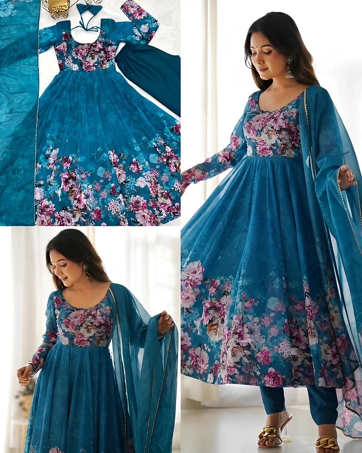 Elegant Teal Floral Anarkali with Dupatta & Pant  – Graceful Fusion of Tradition and Style
