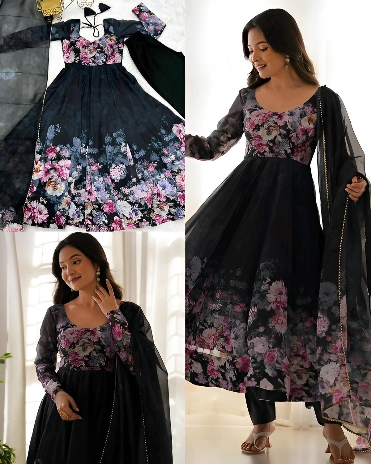 Elegant Teal Floral Anarkali with Dupatta & Pant  – Graceful Fusion of Tradition and Style