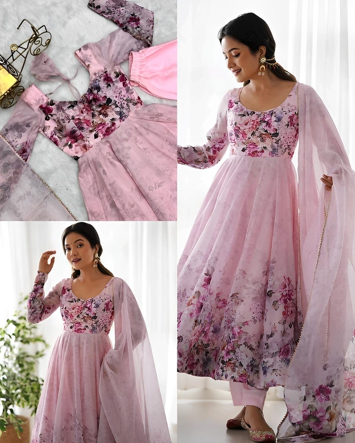 Elegant Teal Floral Anarkali with Dupatta & Pant  – Graceful Fusion of Tradition and Style