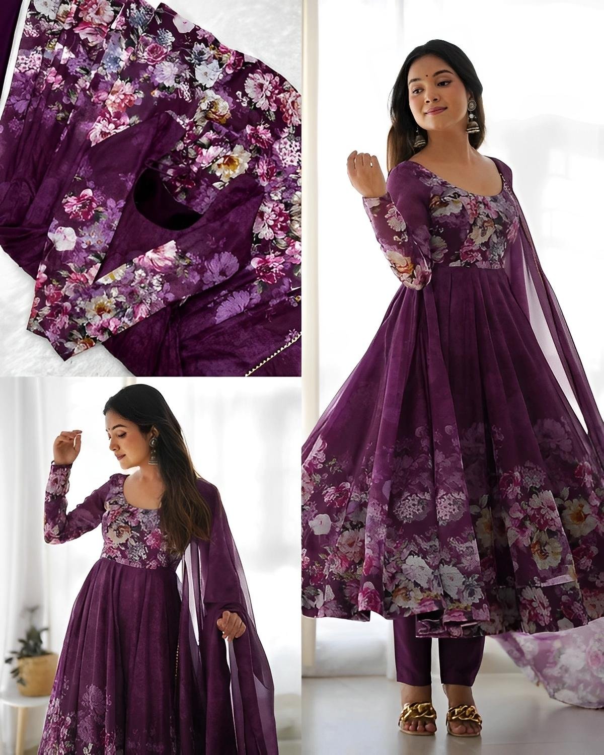 Elegant Teal Floral Anarkali with Dupatta & Pant  – Graceful Fusion of Tradition and Style