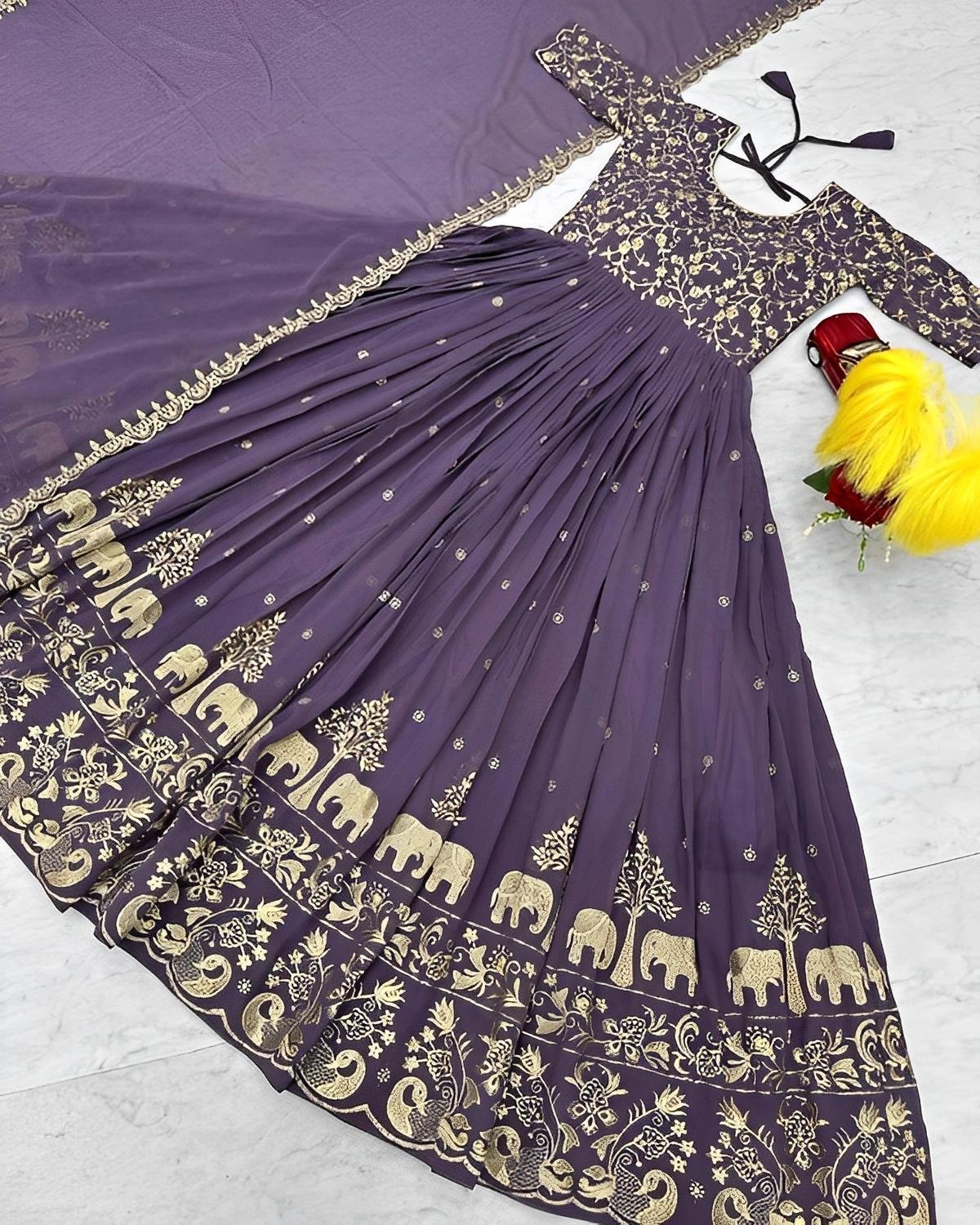 Royal Purple Anarkali Gown with Golden Zari Elephant & Peacock Embroidery