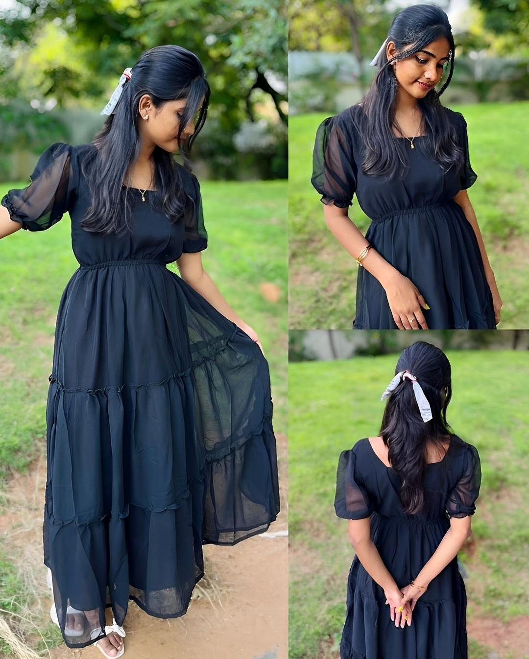 Women's Solid Black Georgette Fit and Flare Midi Dress with Puff Sleeves