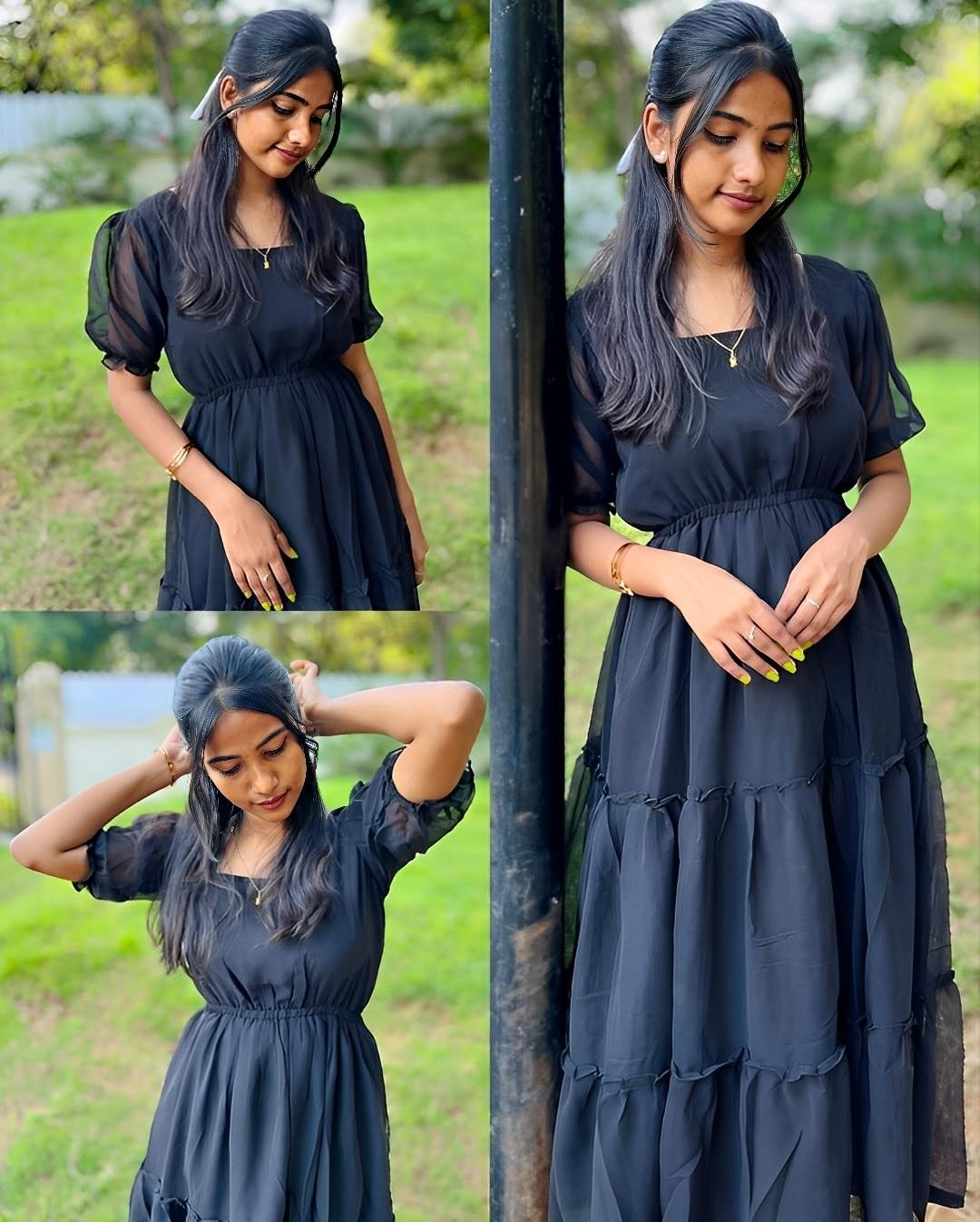 Women's Solid Black Georgette Fit and Flare Midi Dress with Puff Sleeves