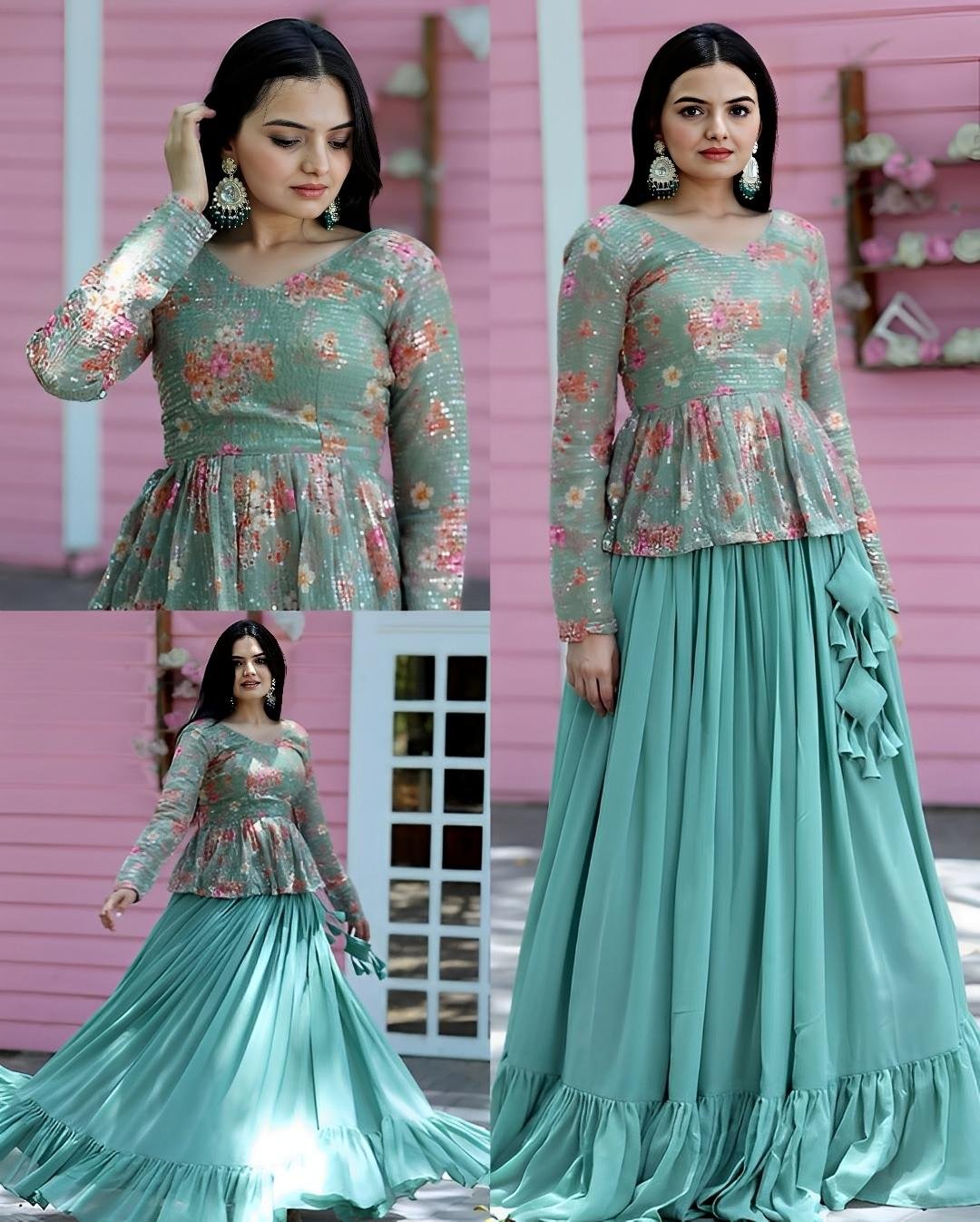 Women's Green Floral Sequin Peplum Top with Solid Ruffled Flared Skirt Set