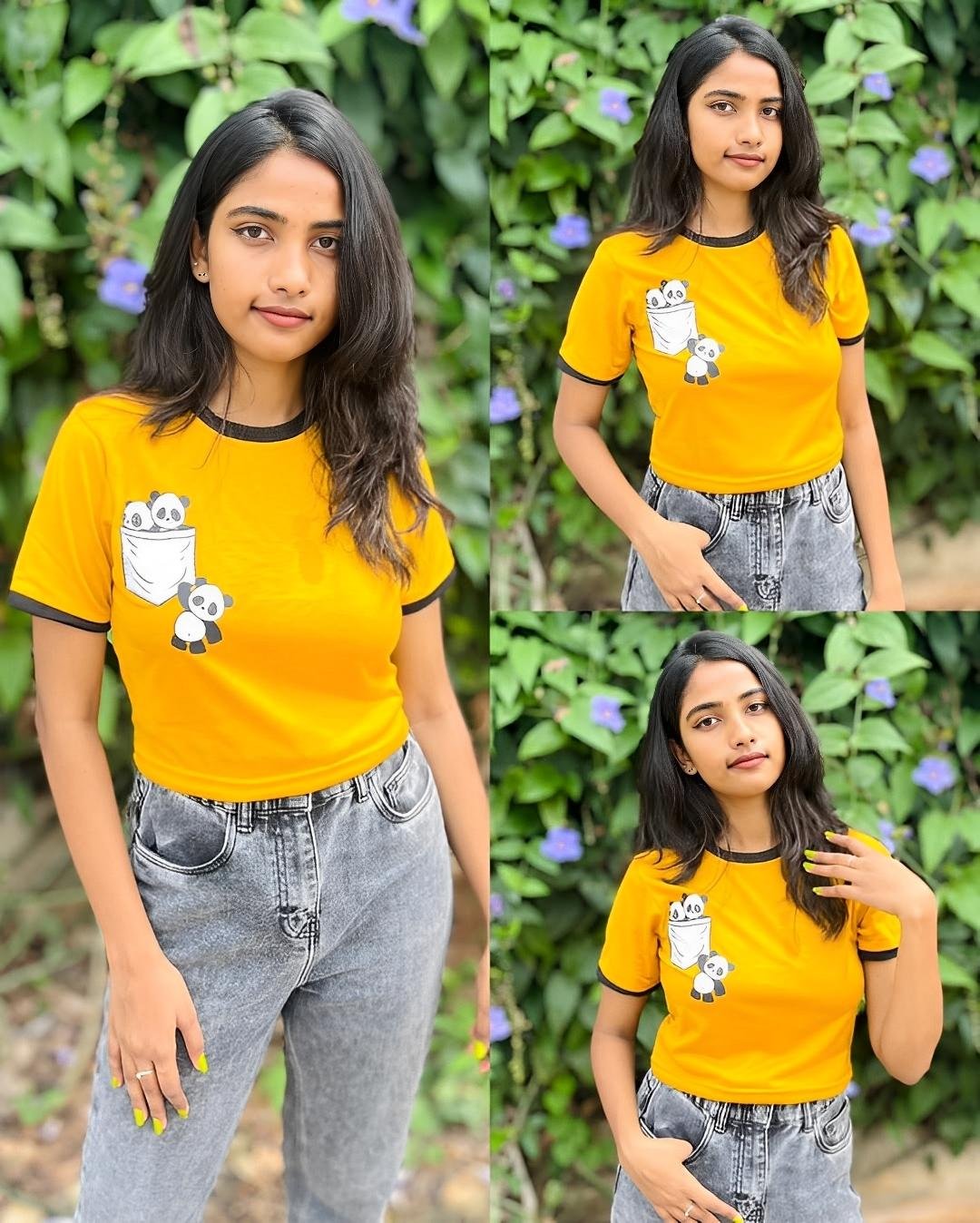 Women's Yellow Panda Printed Cotton T-Shirt with Black Ringer Neck