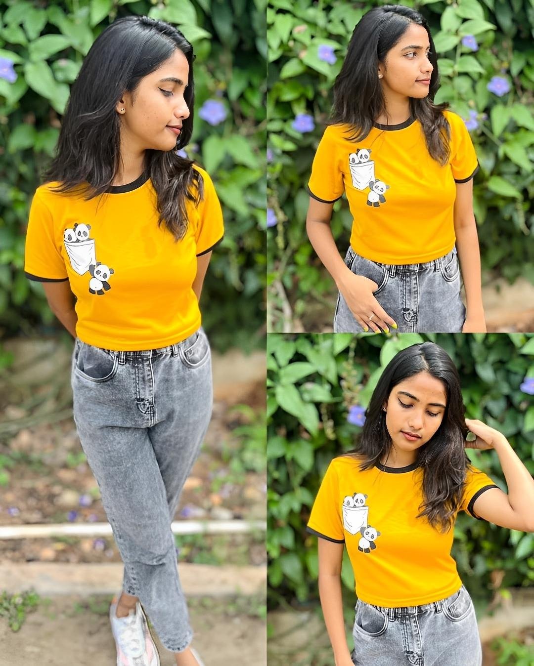 Women's Yellow Panda Printed Cotton T-Shirt with Black Ringer Neck