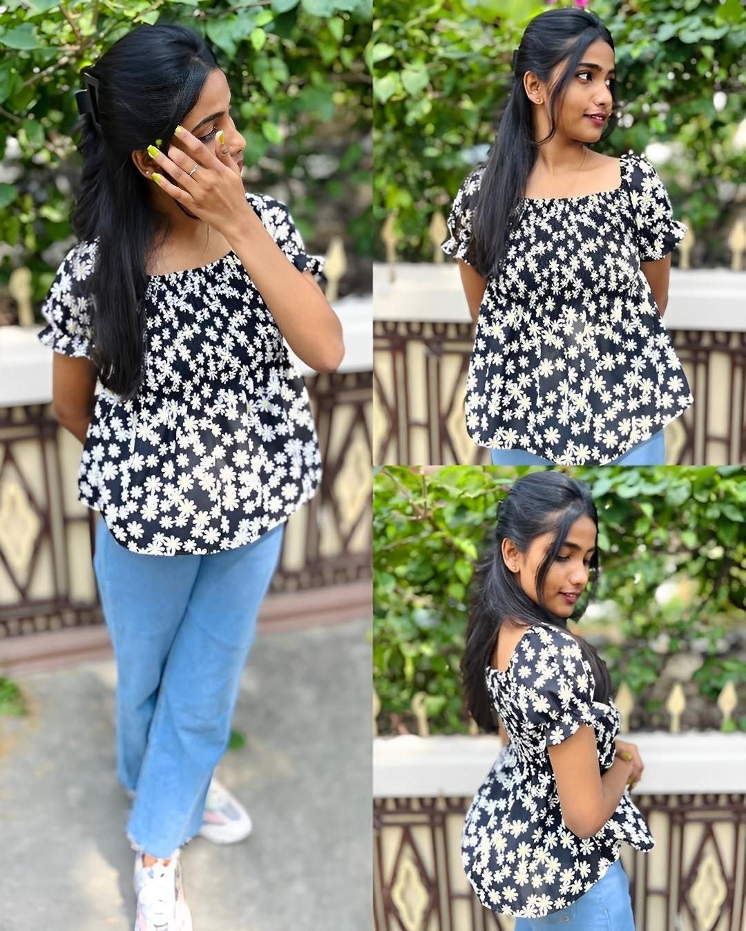 Women's Black & White Daisy Print Smocked Peplum Top