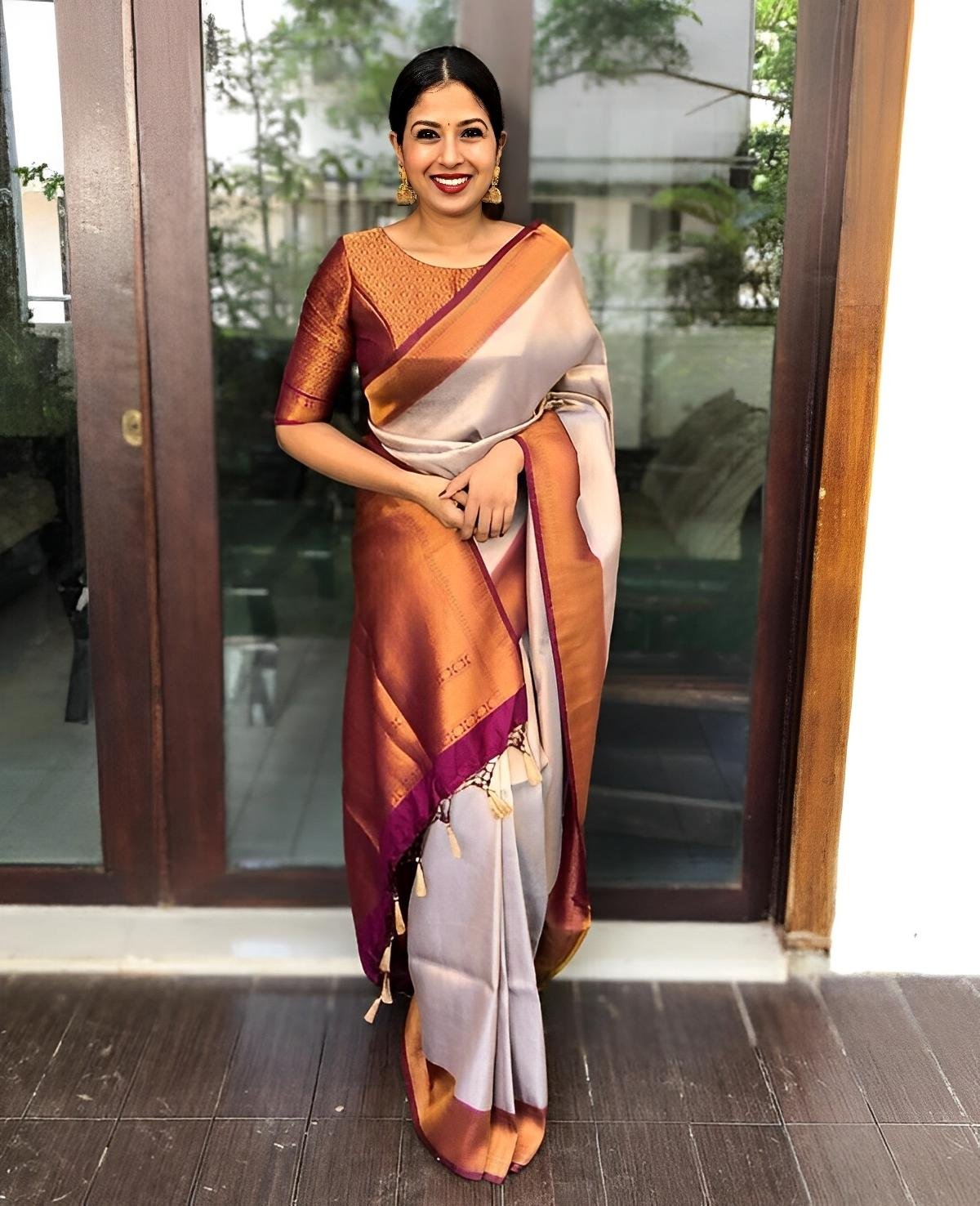 Classic Copper & Cream Kanchipuram Silk Saree – Grace in Every Drape