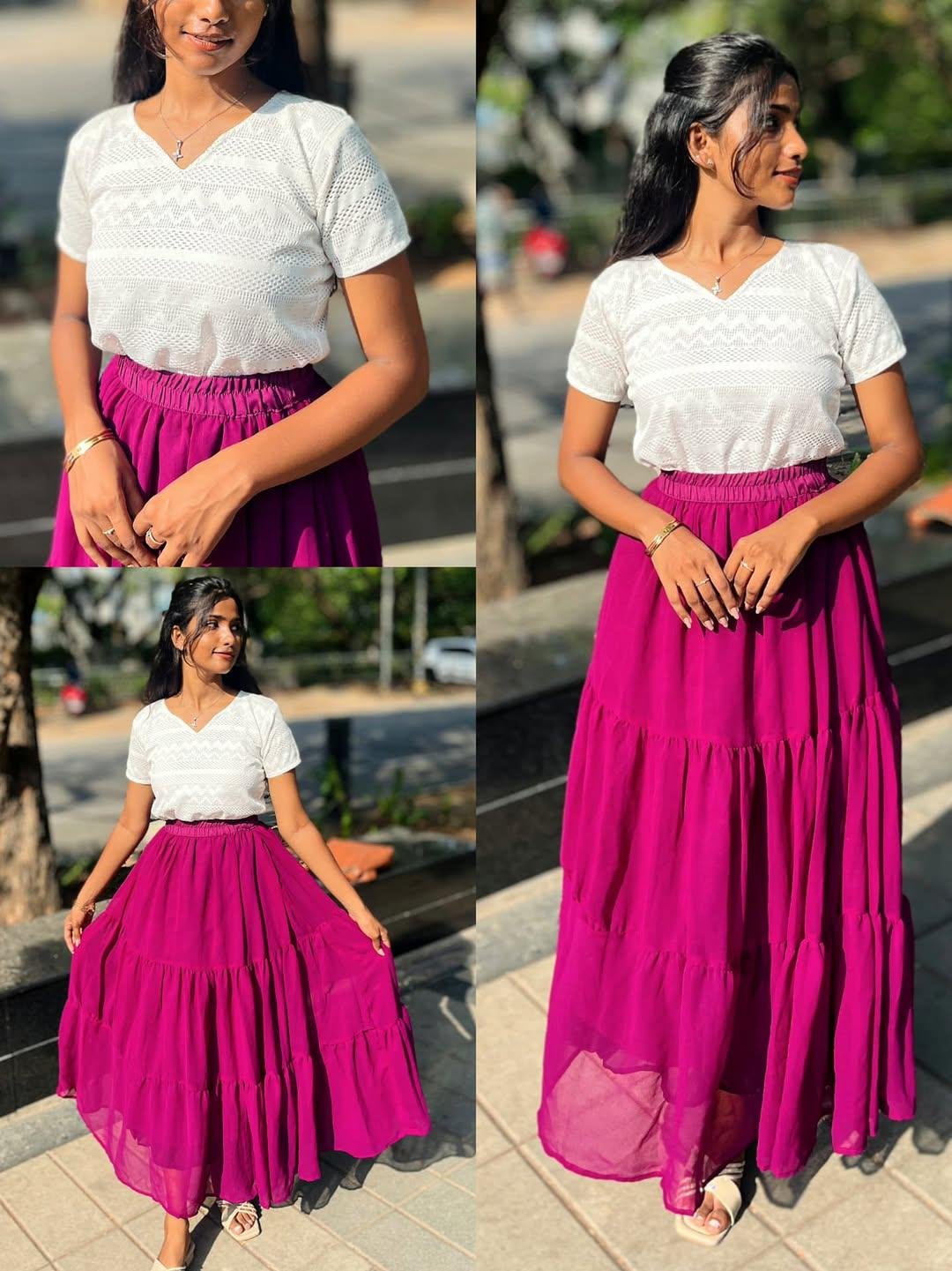 Trendy White Top with Flared Red Maxi Skirt Set