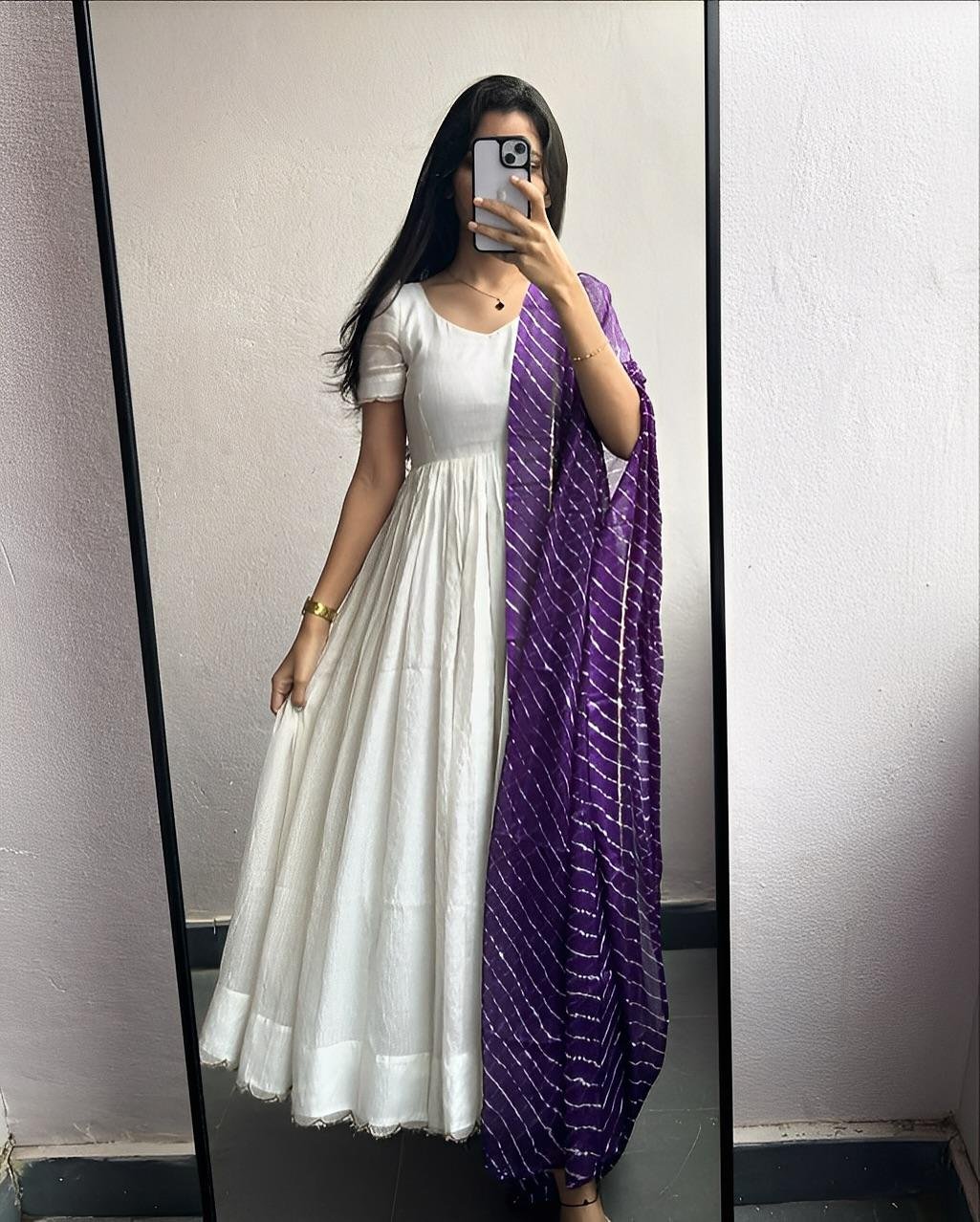 Elegant White Anarkali Gown with Purple Bandhani Dupatta