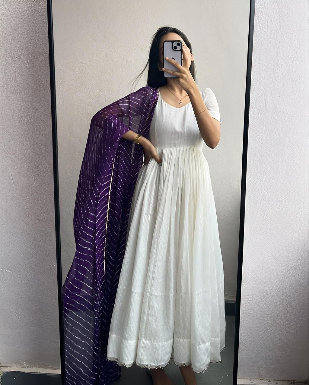 Elegant White Anarkali Gown with Purple Bandhani Dupatta