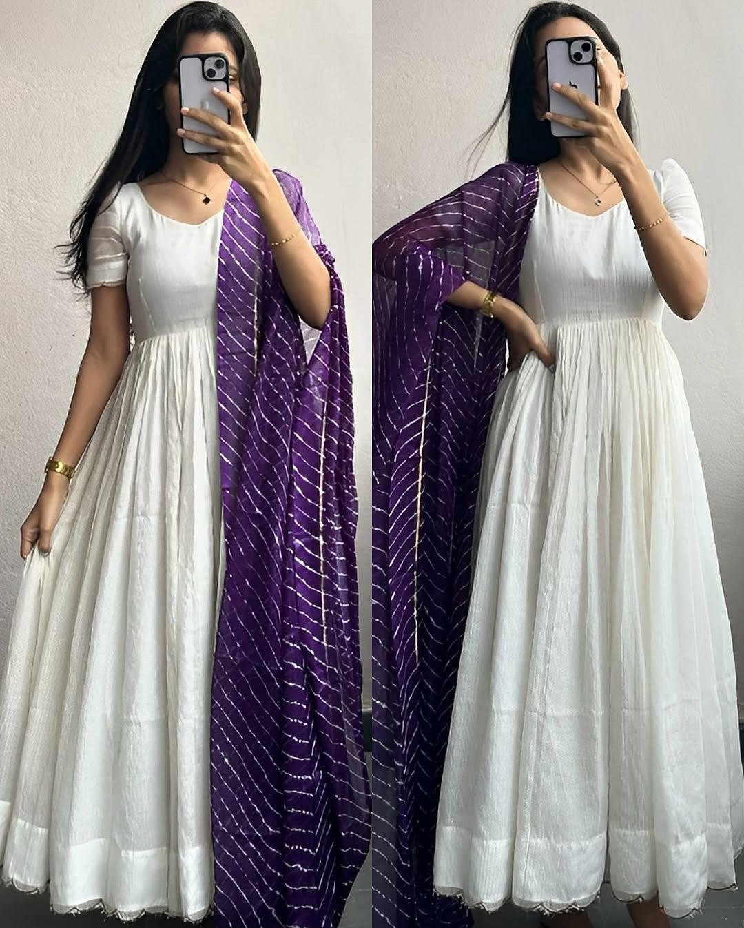 Elegant White Anarkali Gown with Purple Bandhani Dupatta