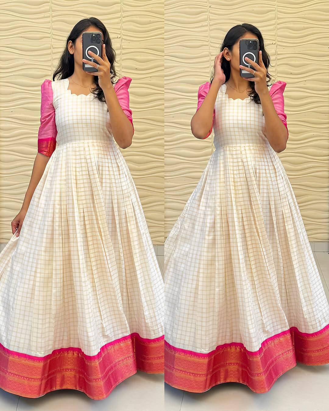 Traditional White Checked Anarkali Gown with Contrast  Sleeves & Golden Border