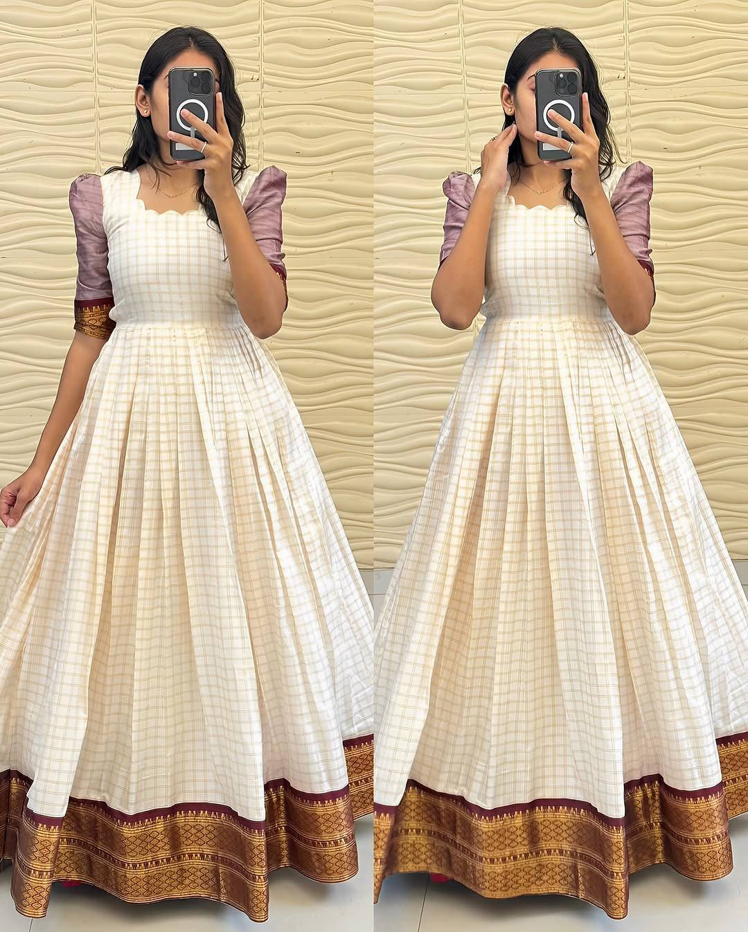 Traditional White Checked Anarkali Gown with Contrast  Sleeves & Golden Border
