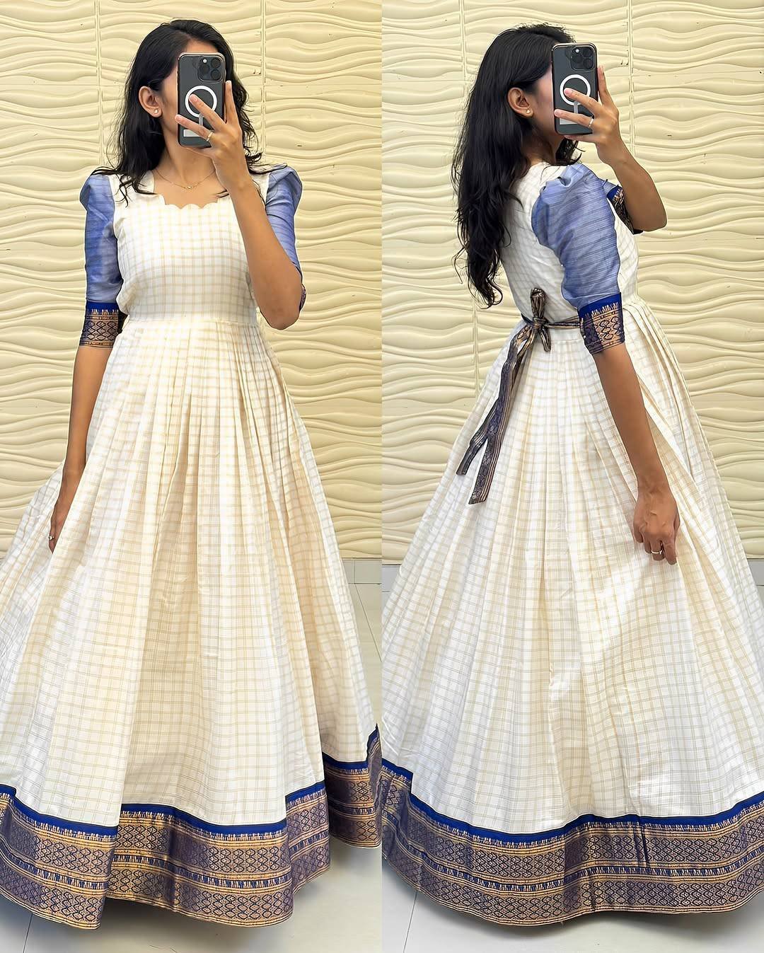 Traditional White Checked Anarkali Gown with Contrast  Sleeves & Golden Border
