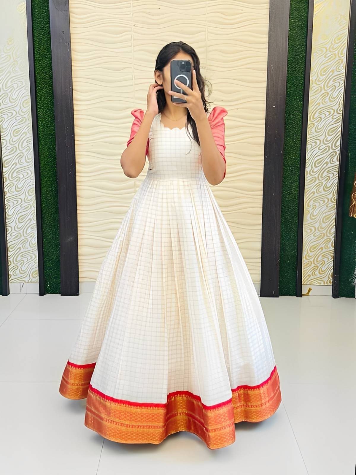 Traditional White Checked Anarkali Gown with Contrast  Sleeves & Golden Border