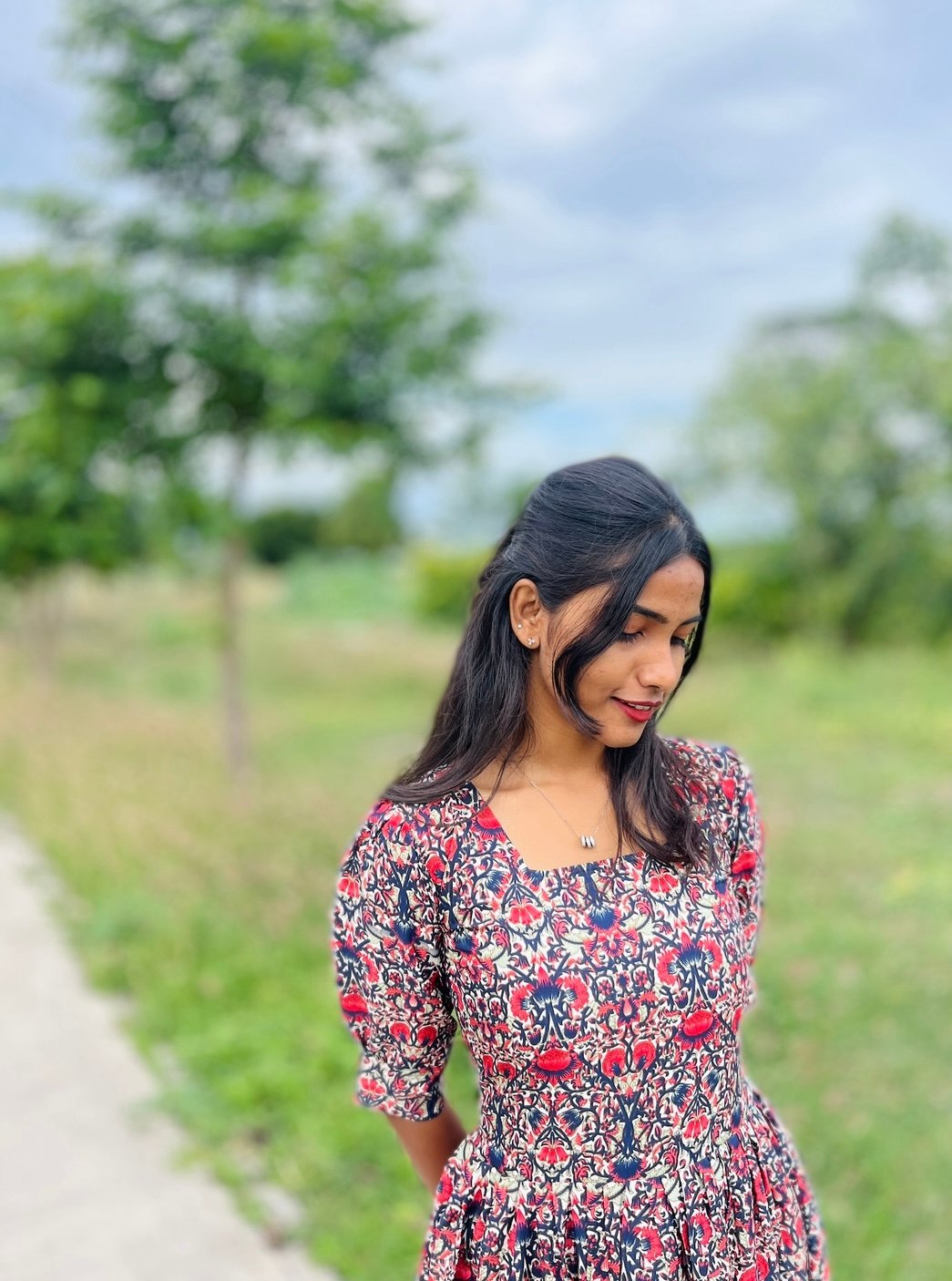 Elegant Floral Printed Anarkali Gown with 3/4th Sleeves