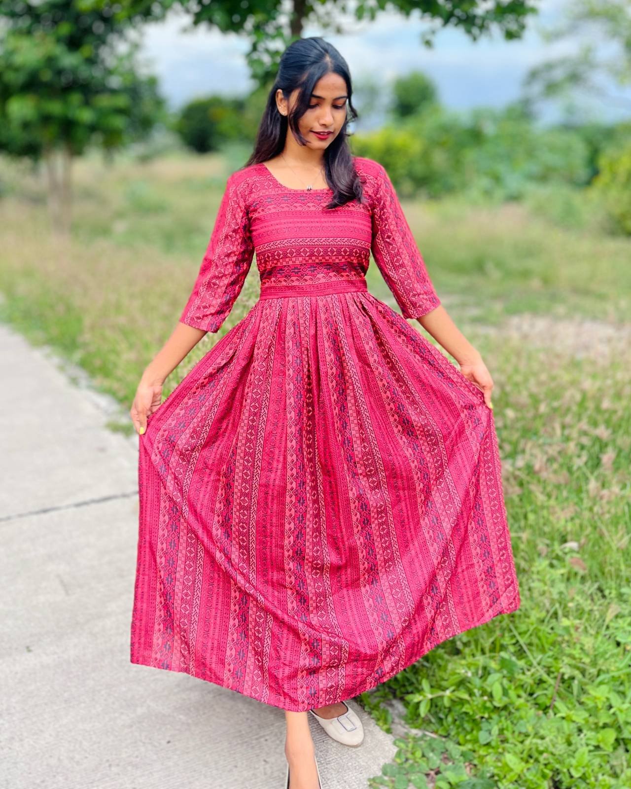 Trendy Red Printed Anarkali Gown with 3/4th Sleeves