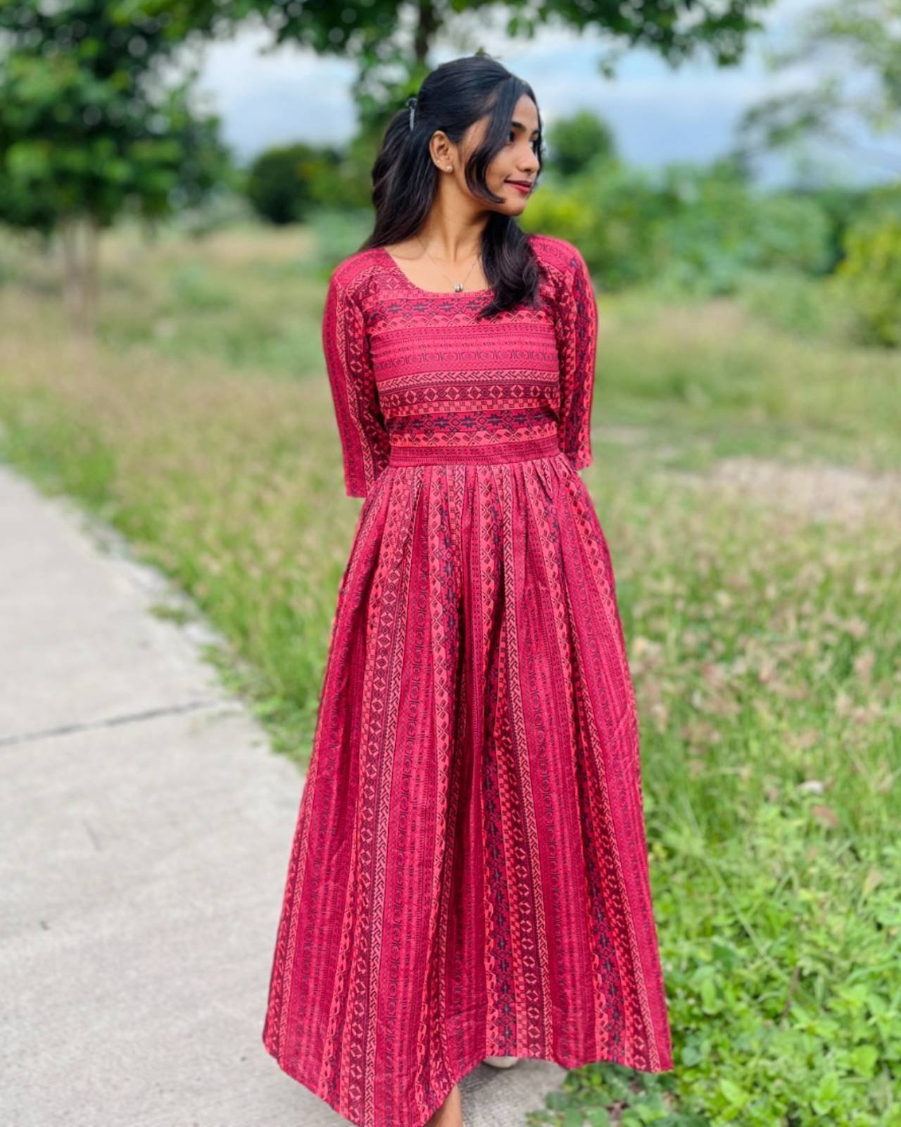 Trendy Red Printed Anarkali Gown with 3/4th Sleeves