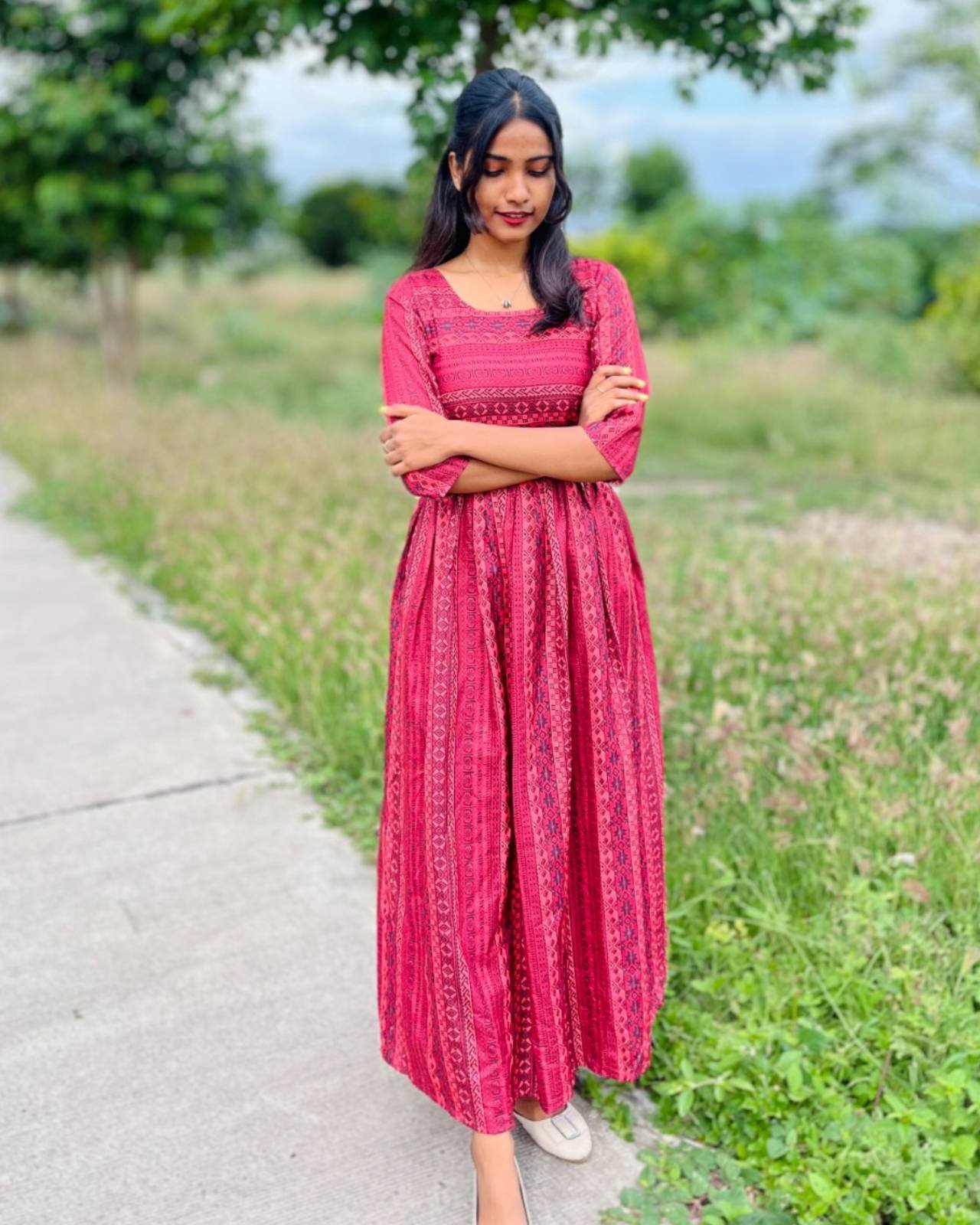 Trendy Red Printed Anarkali Gown with 3/4th Sleeves