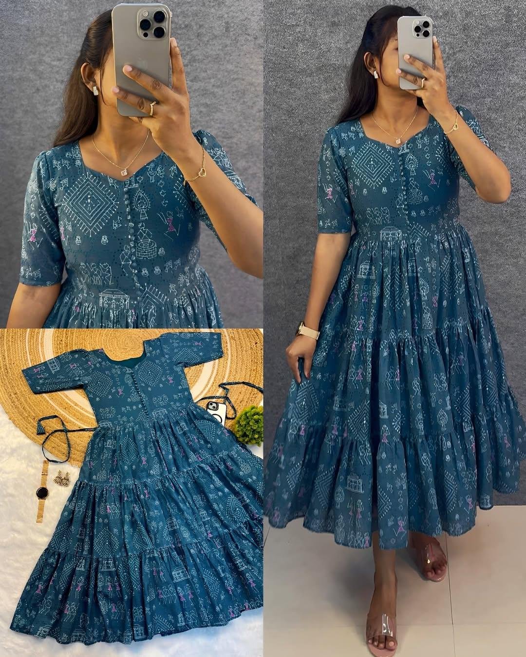 Trendy Hakoba Printed Maxi Gown with Half Sleeves