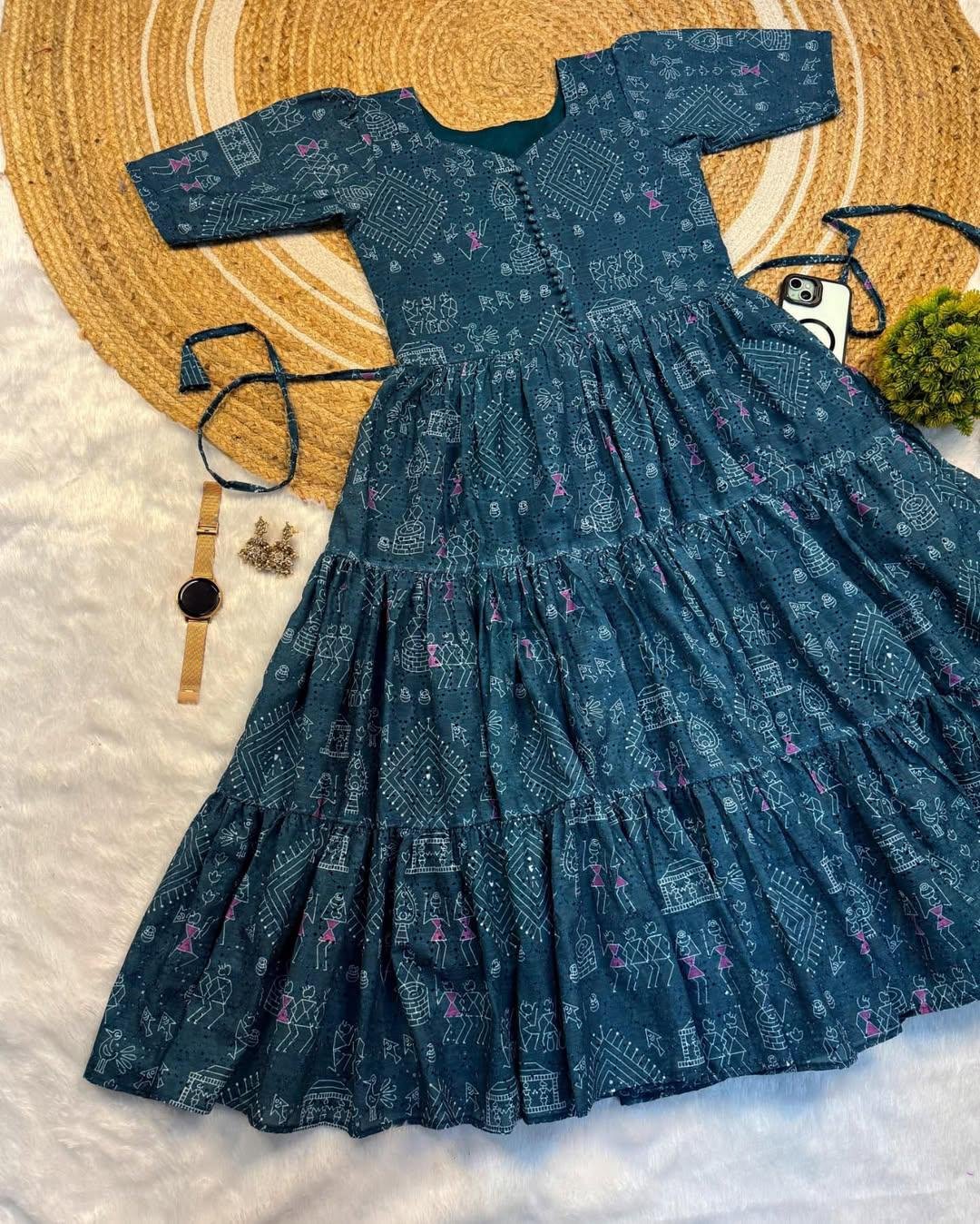 Trendy Hakoba Printed Maxi Gown with Half Sleeves