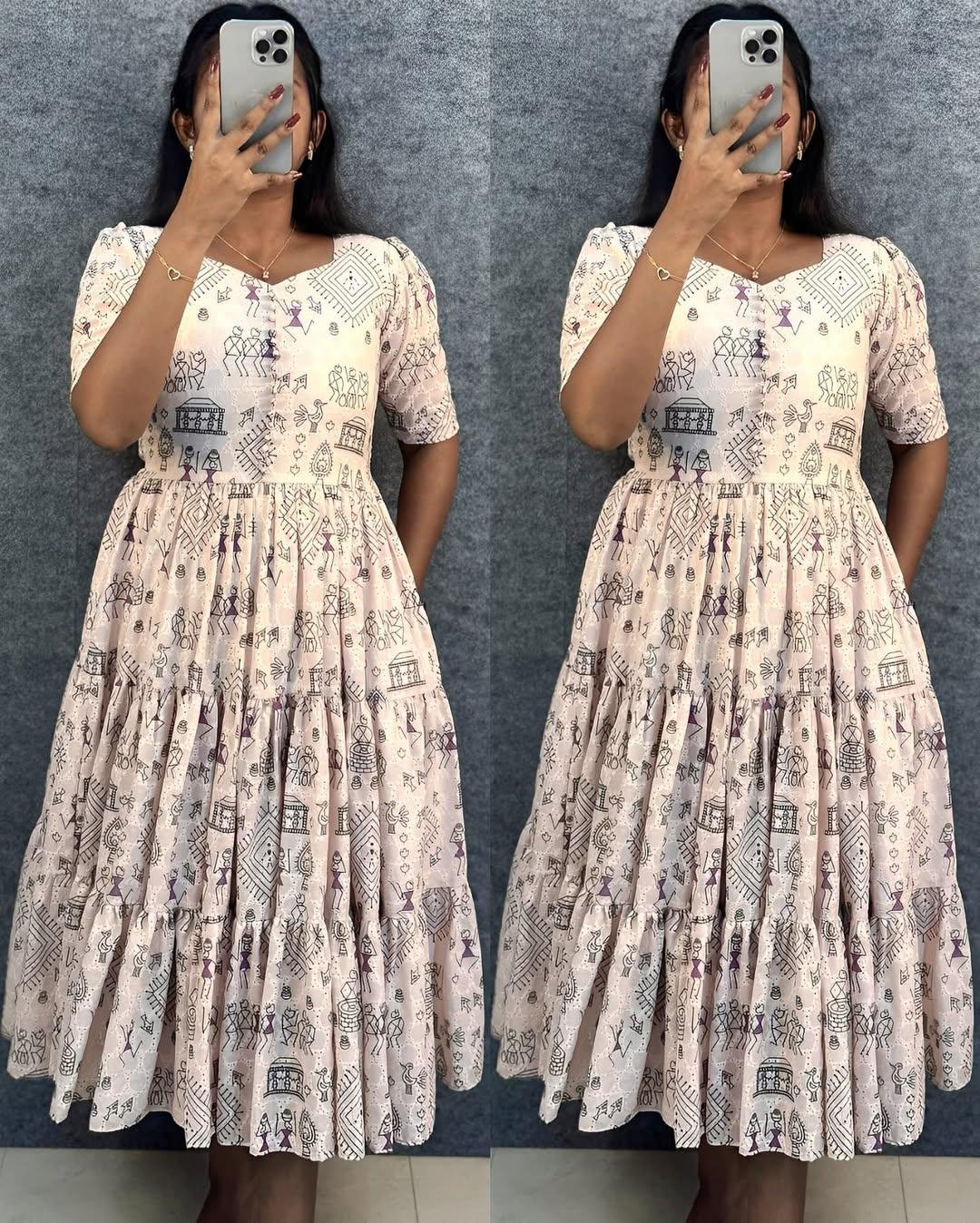 Trendy Hakoba Printed Maxi Gown with Half Sleeves