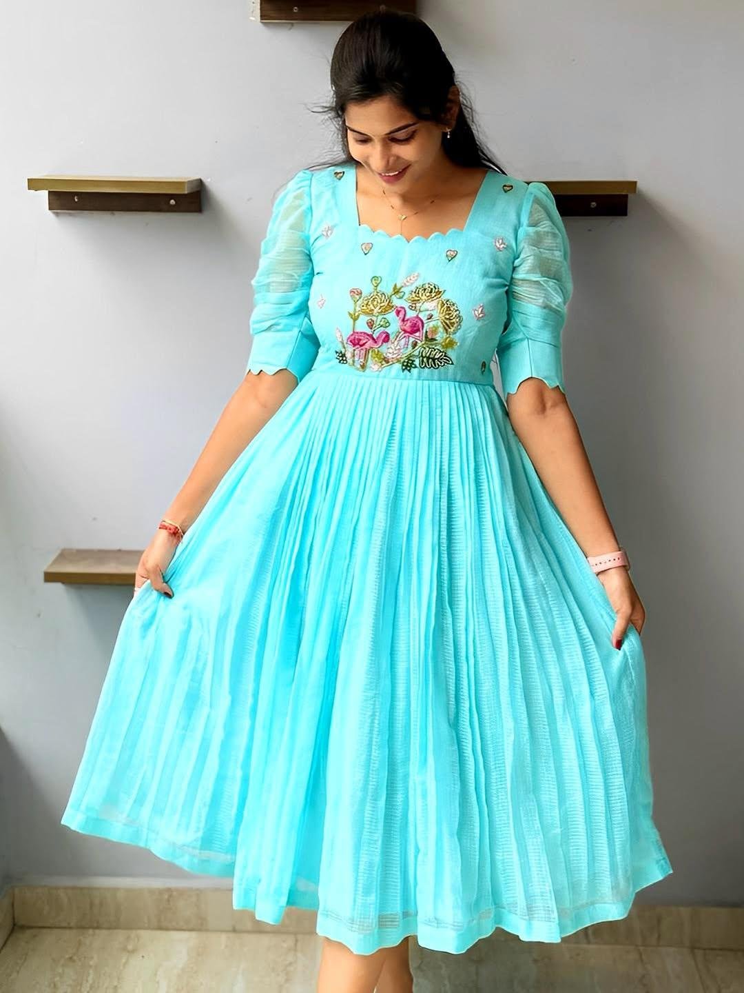 Kota Cotton Handwork Designer Dress / Fluffy Blue Maxi in offer