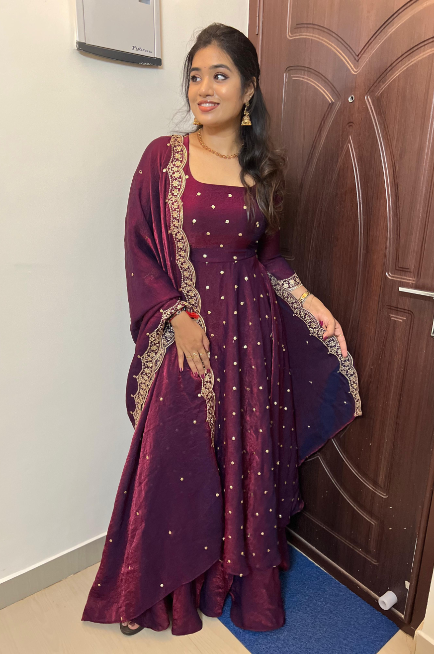 Designer Space Silk Embroidered Gown With Dupatta