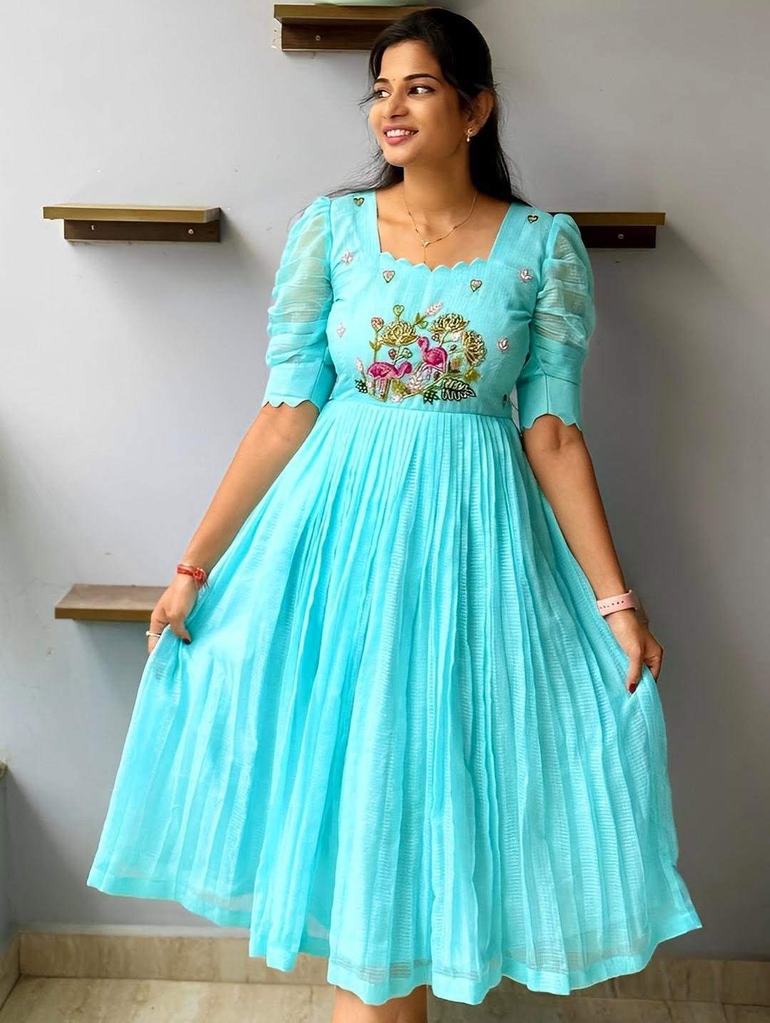 Kota Cotton Handwork Designer Dress / Fluffy Blue Maxi in offer