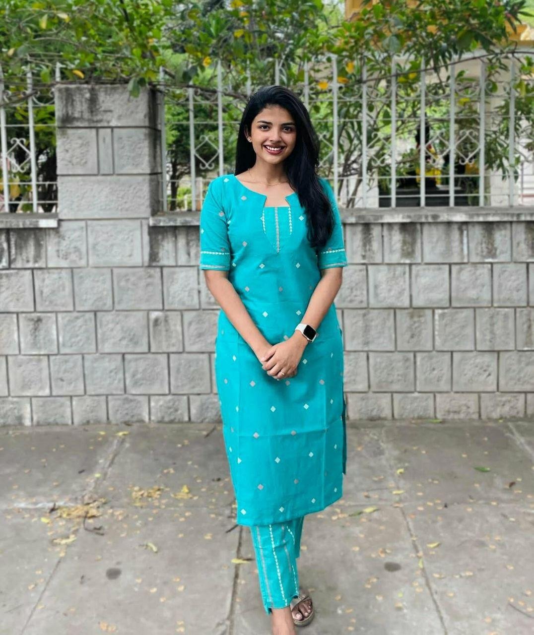 Elegant Aqua Blue Cotton Kurti with Pant Set