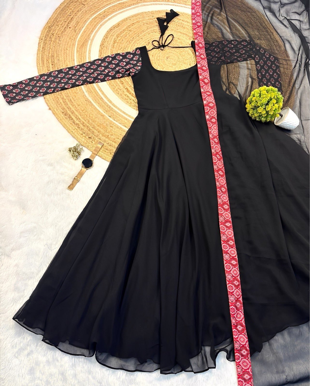 Keerthi Suresh Inspired Black Anarkali Gown with Printed Dupatta & Full Sleeves