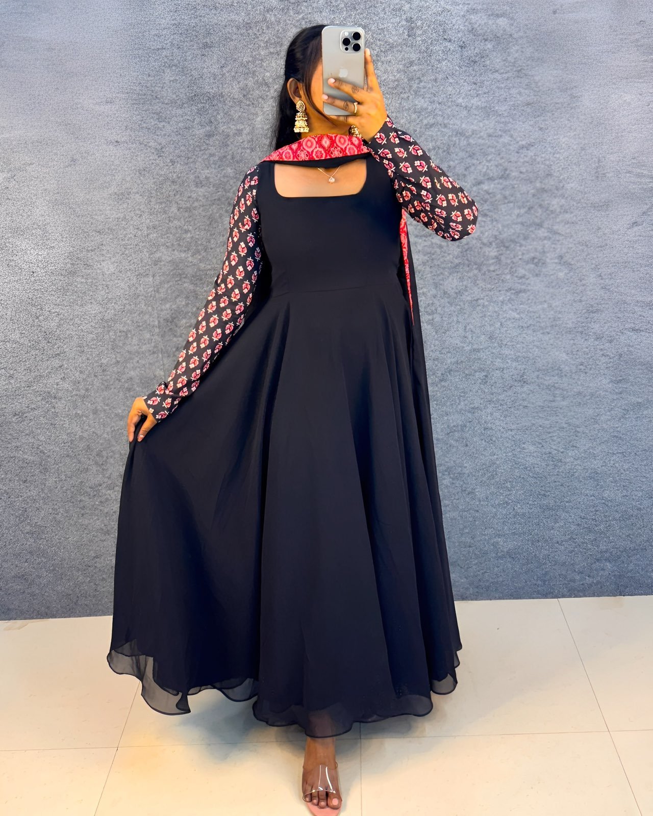 Keerthi Suresh Inspired Black Anarkali Gown with Printed Dupatta & Full Sleeves