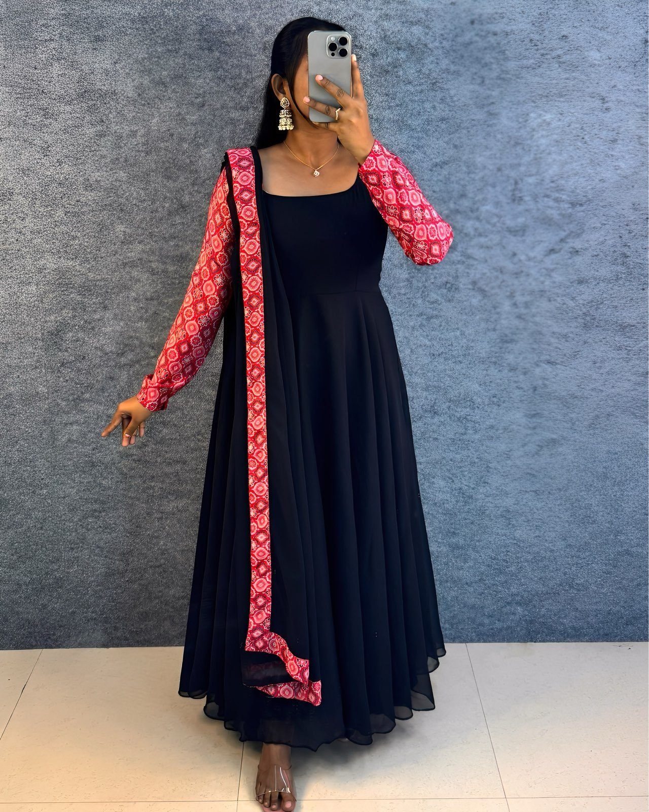 Keerthi Suresh Inspired Black Anarkali Gown with Printed Dupatta & Full Sleeves