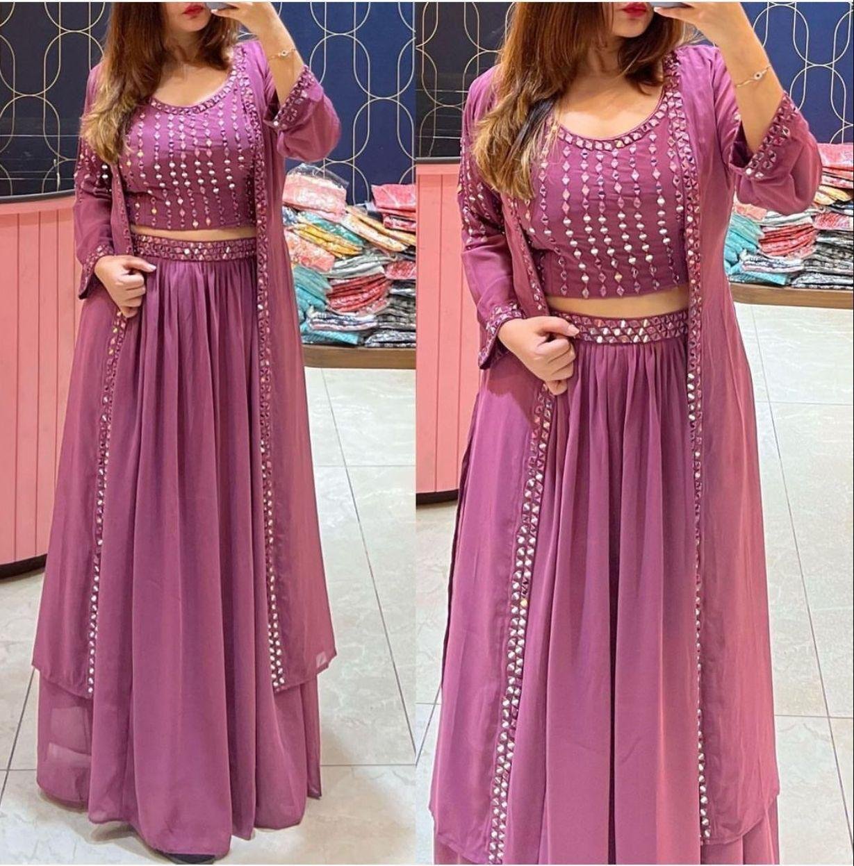 Eleganr Mirror Work Top with skirt & Long Jacket