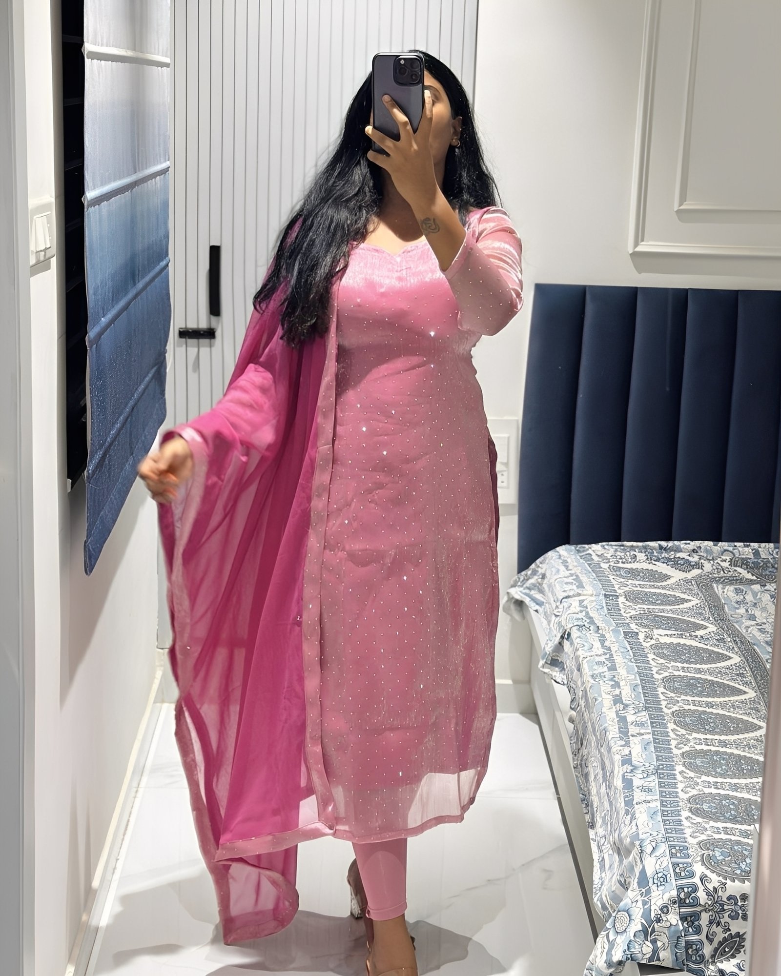 Light pink viscose tissue kurta with dupatta