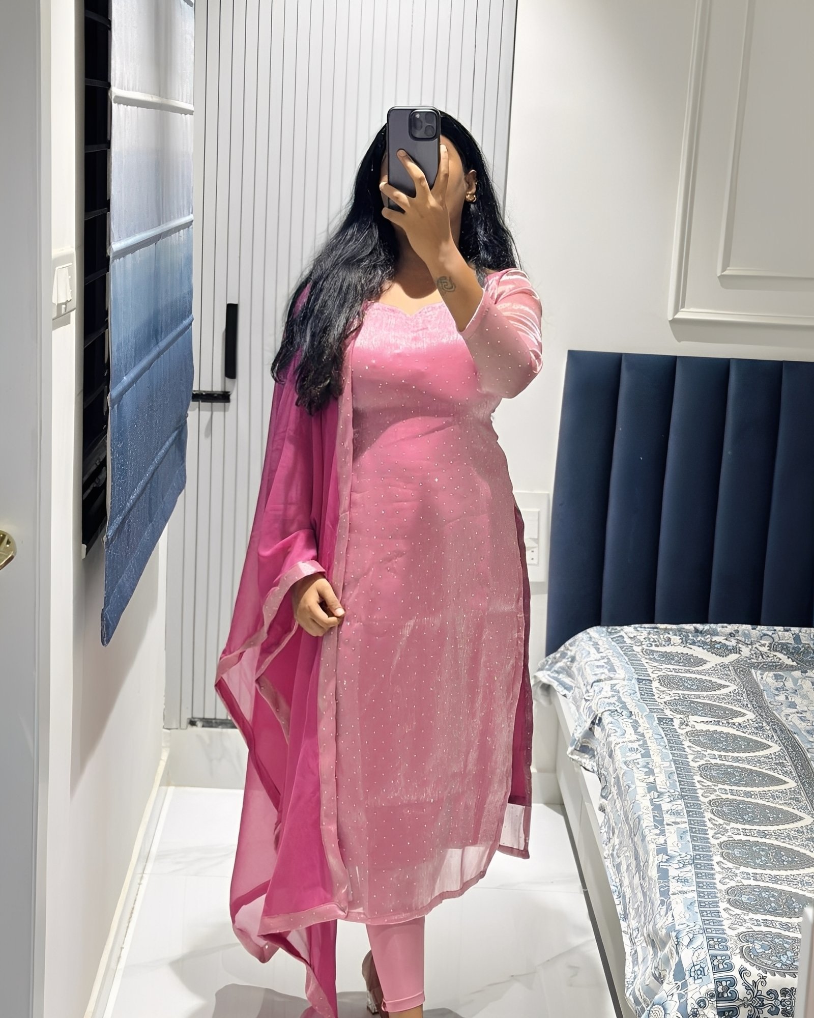 Light pink viscose tissue kurta with dupatta