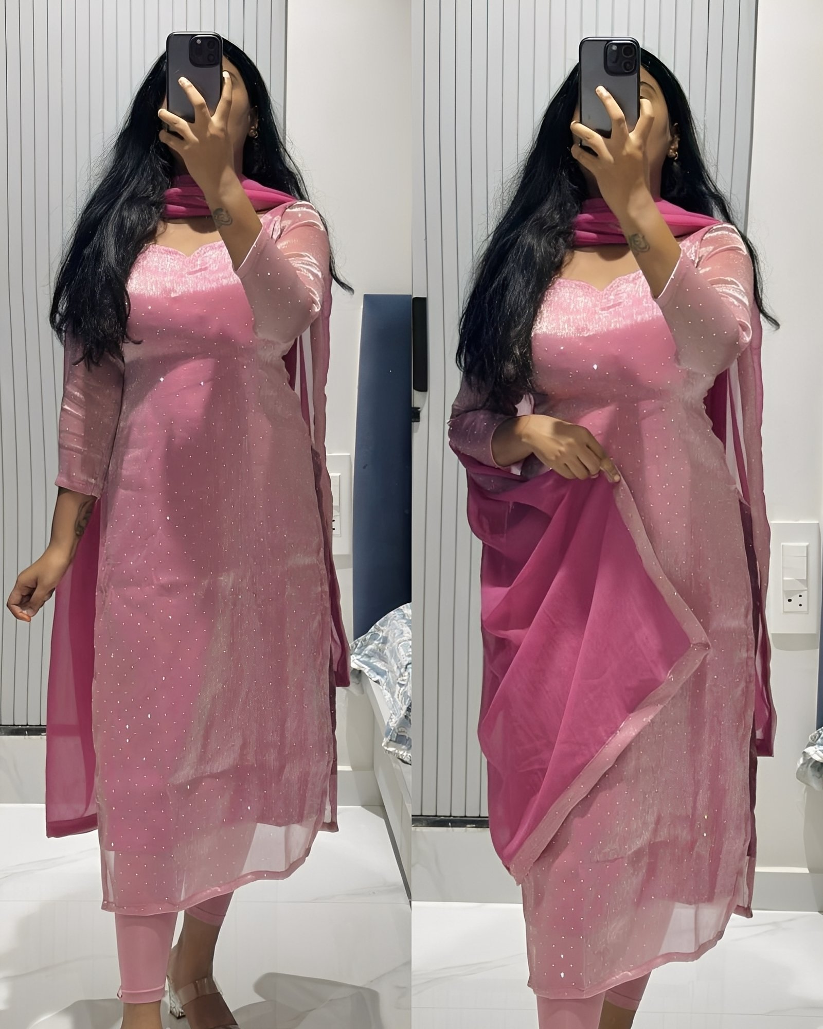 Light pink viscose tissue kurta with dupatta