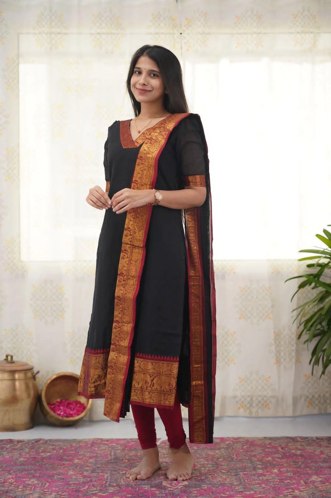 Elegant Cotton Blend Kurti with Zari Border Dupatta