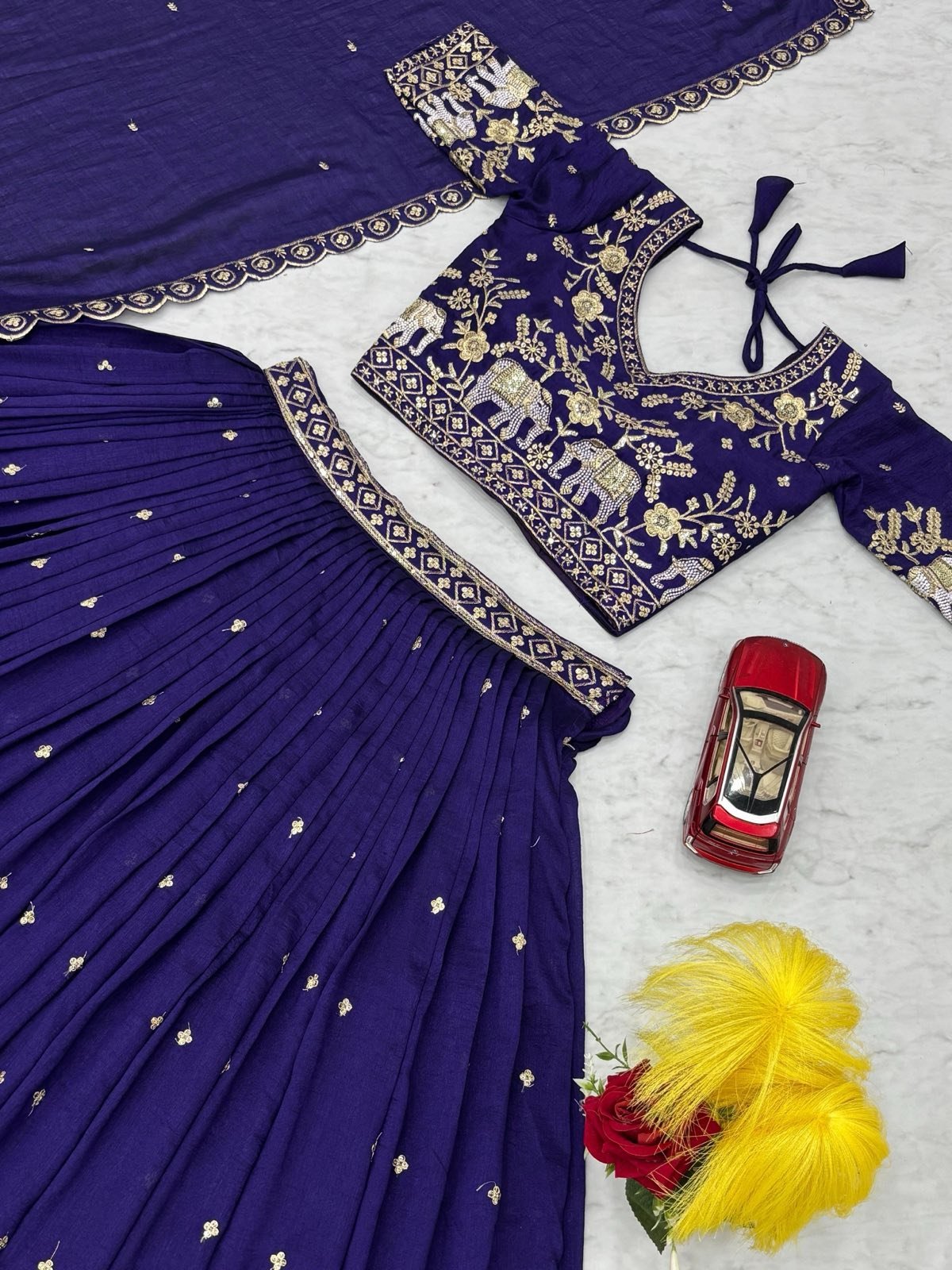 Navy & Pink Vichitra Silk Lehenga Set with Heavy Embroidery & Sequins