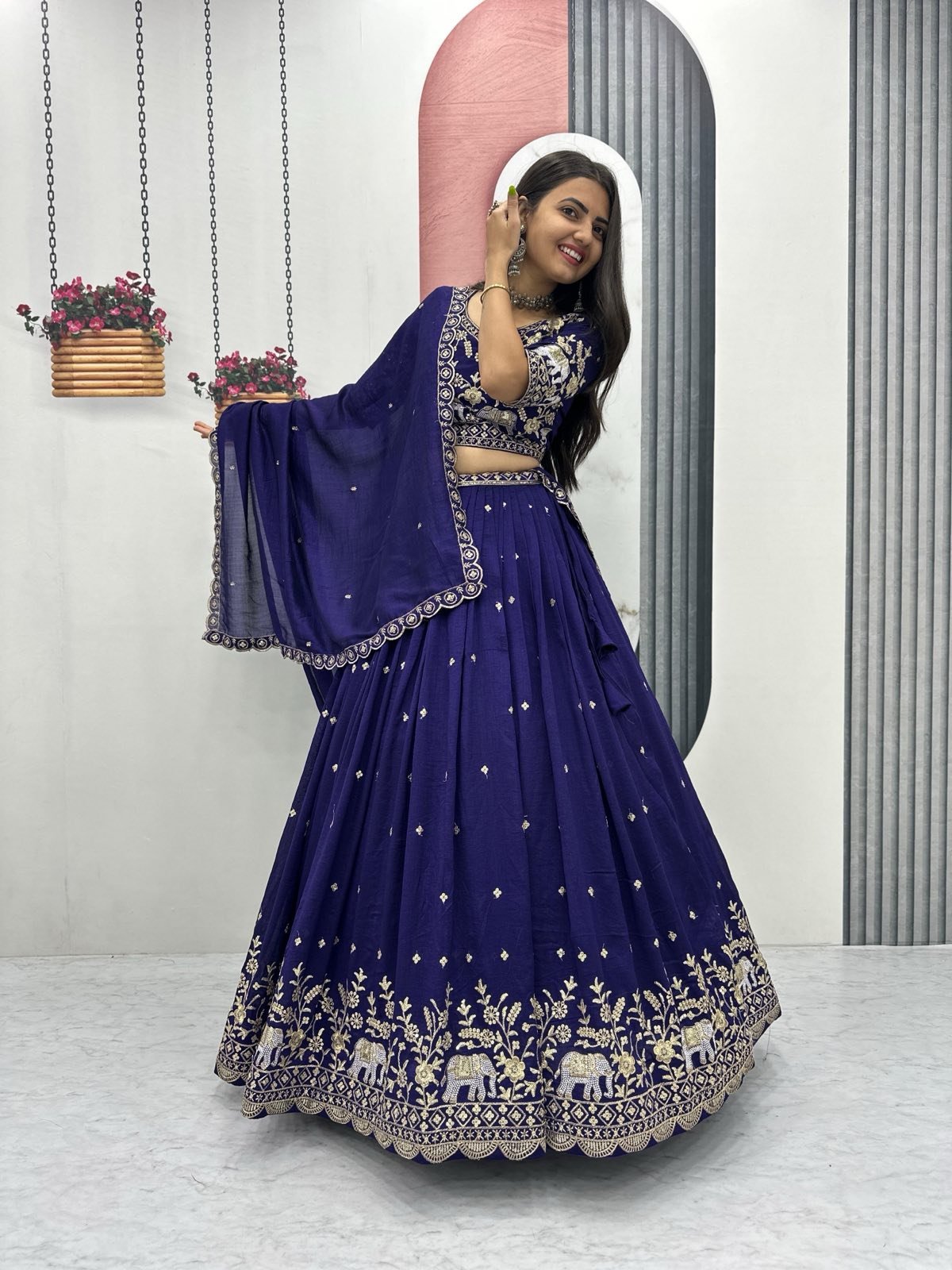 Navy & Pink Vichitra Silk Lehenga Set with Heavy Embroidery & Sequins