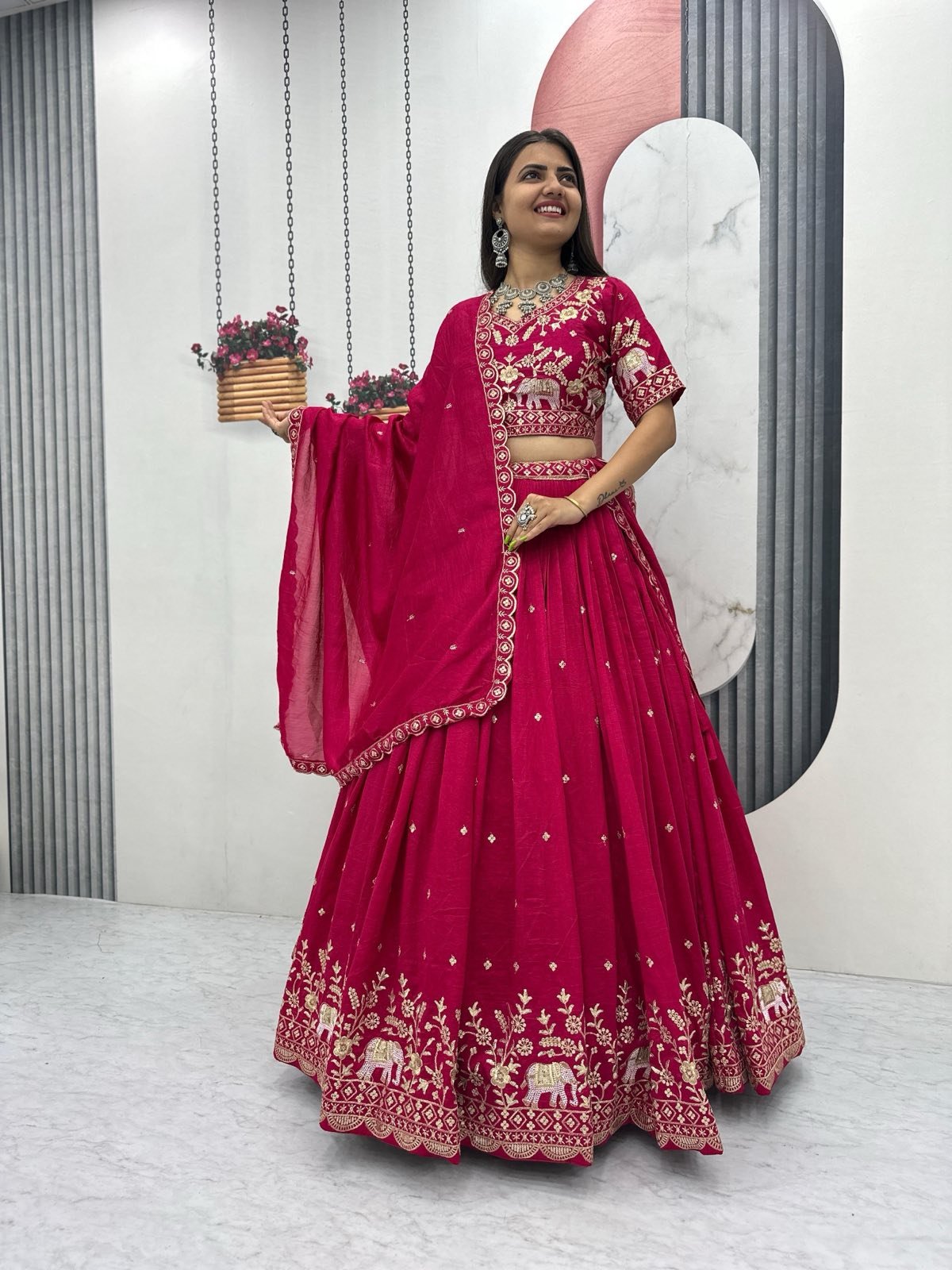 Navy & Pink Vichitra Silk Lehenga Set with Heavy Embroidery & Sequins
