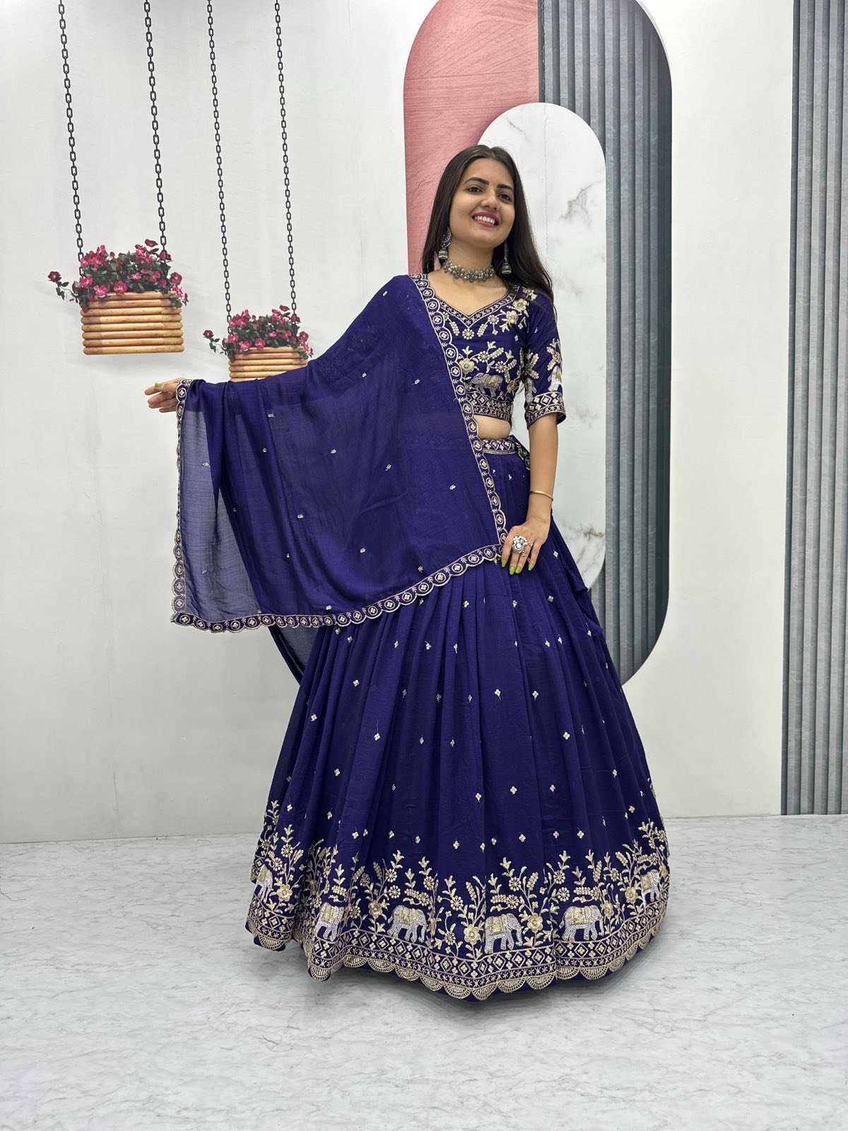 Navy & Pink Vichitra Silk Lehenga Set with Heavy Embroidery & Sequins