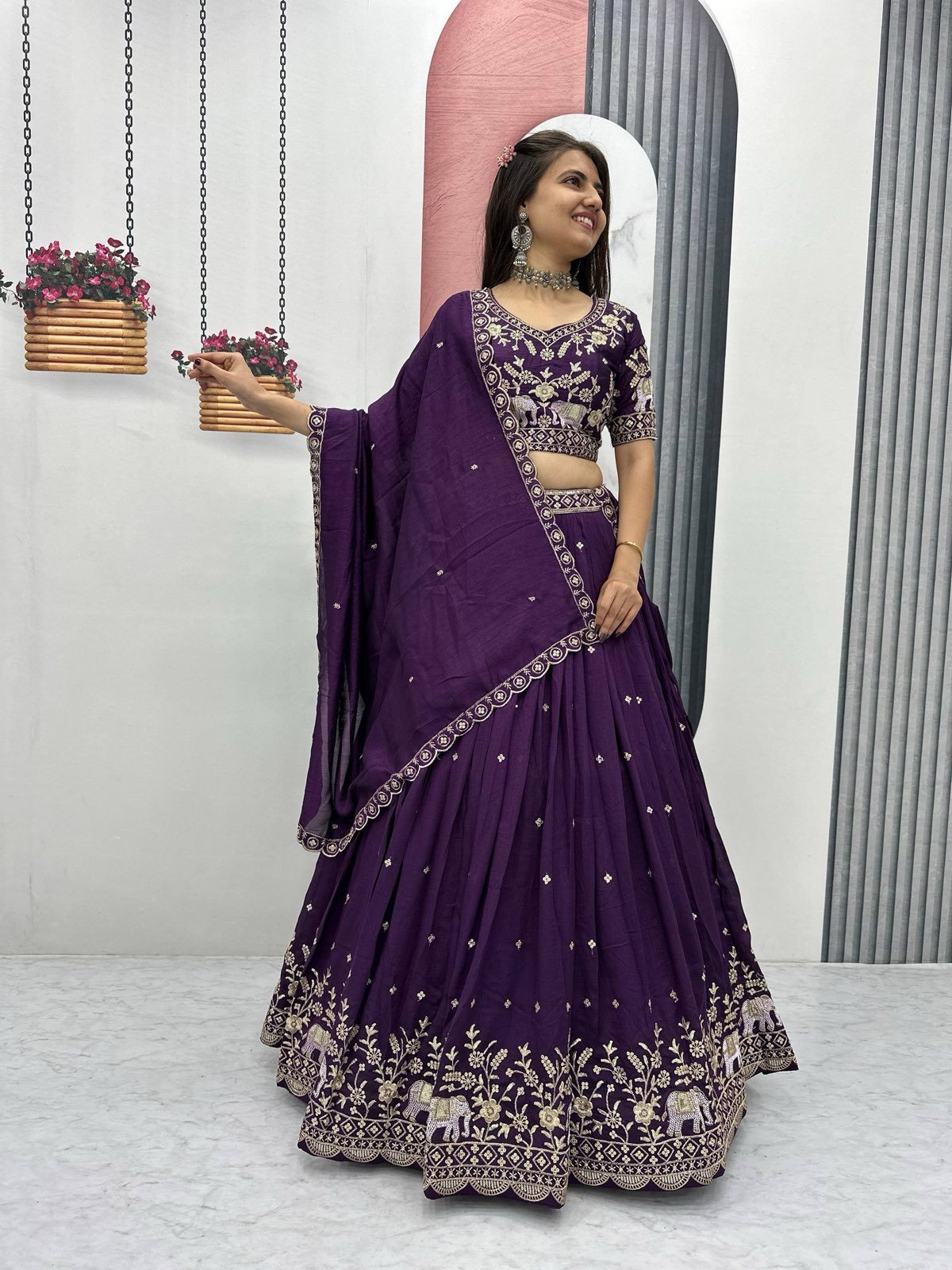 Navy & Pink Vichitra Silk Lehenga Set with Heavy Embroidery & Sequins