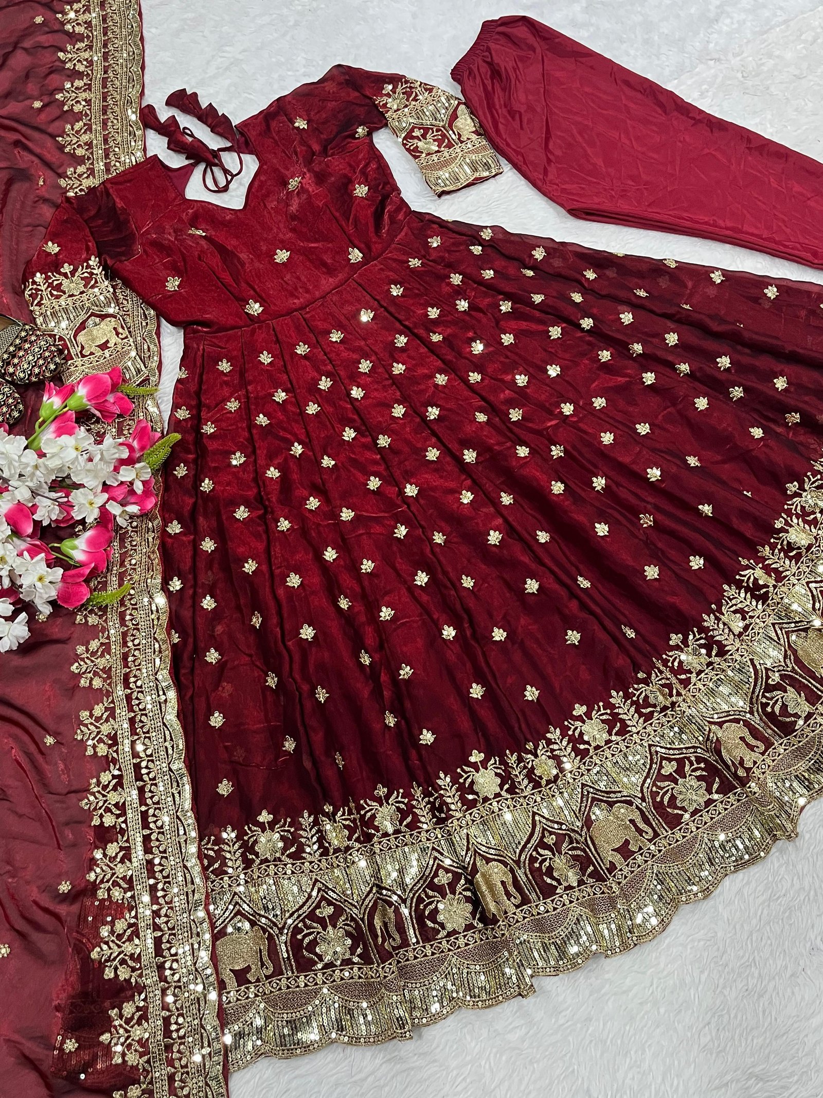 Pure Silk Stitched Anarkali Gown  (Maroon)