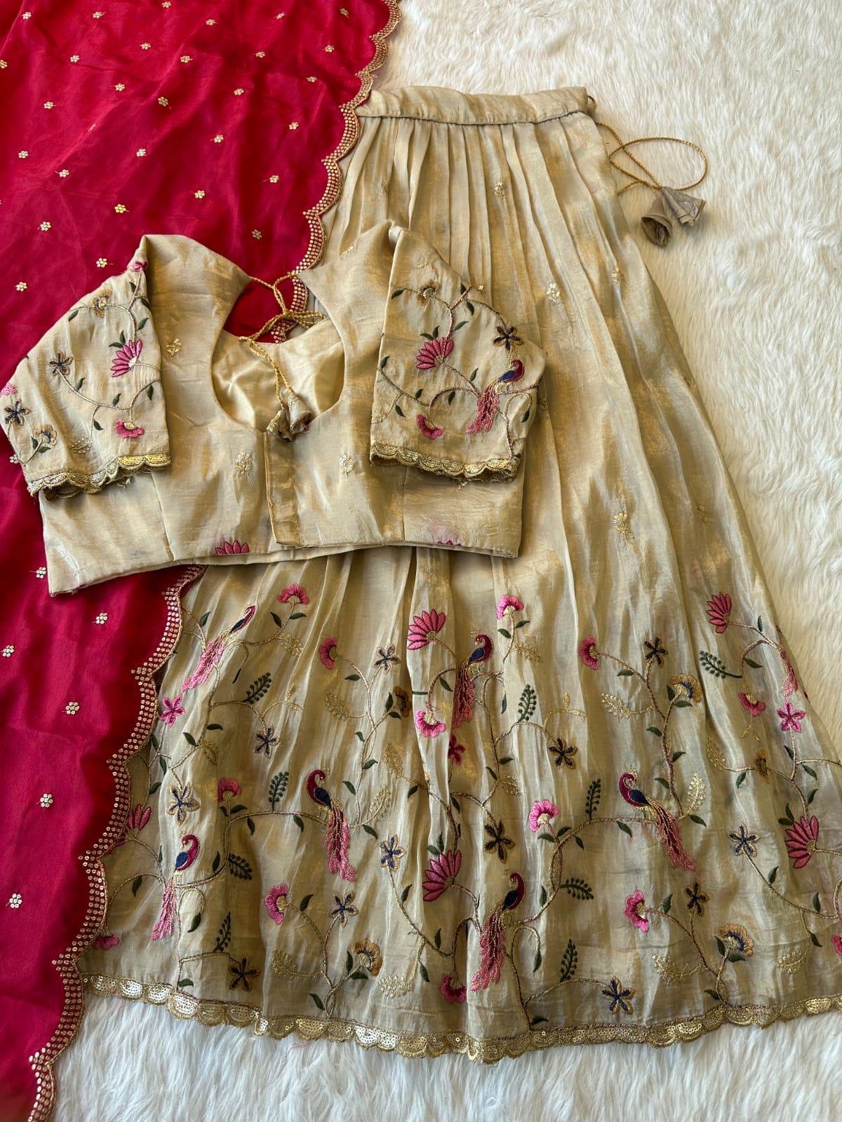 Golden Crush Silk Embroidered Lehenga Set with Scalloped Dupatta – Elegant Festive Edition