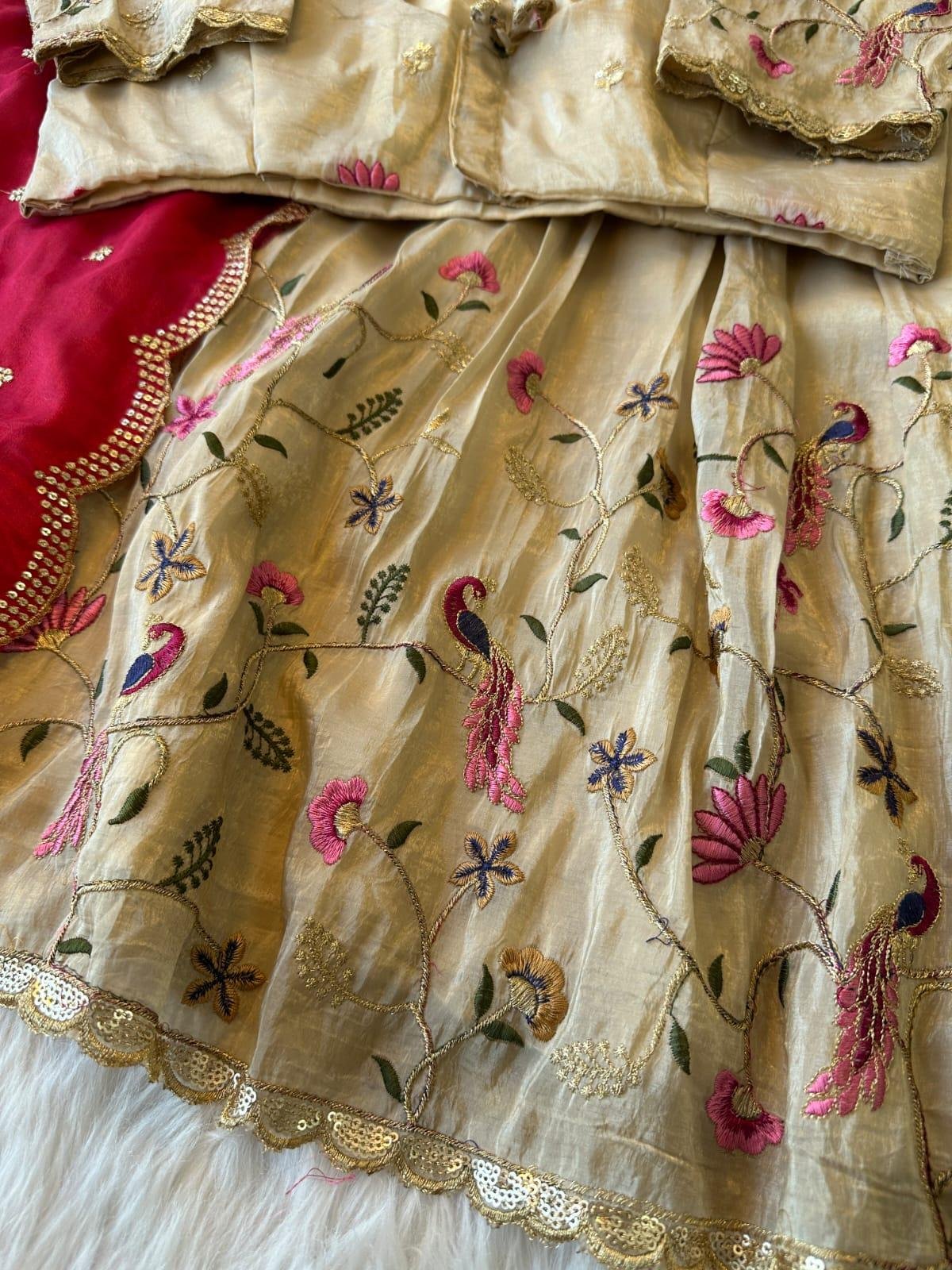 Golden Crush Silk Embroidered Lehenga Set with Scalloped Dupatta – Elegant Festive Edition