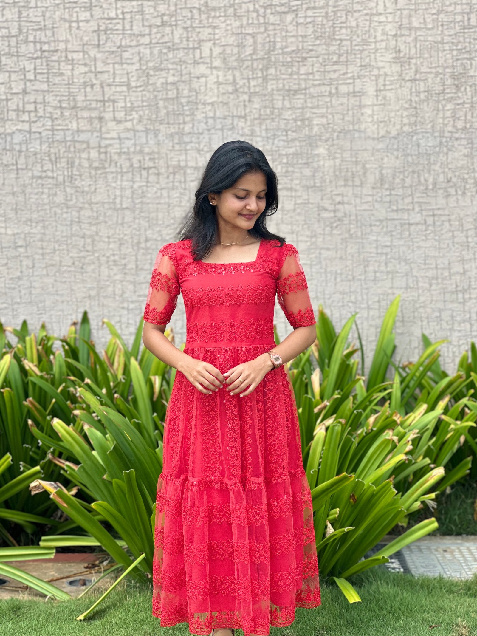 Ruby Queen Pearl Embroidered Red Maxi
