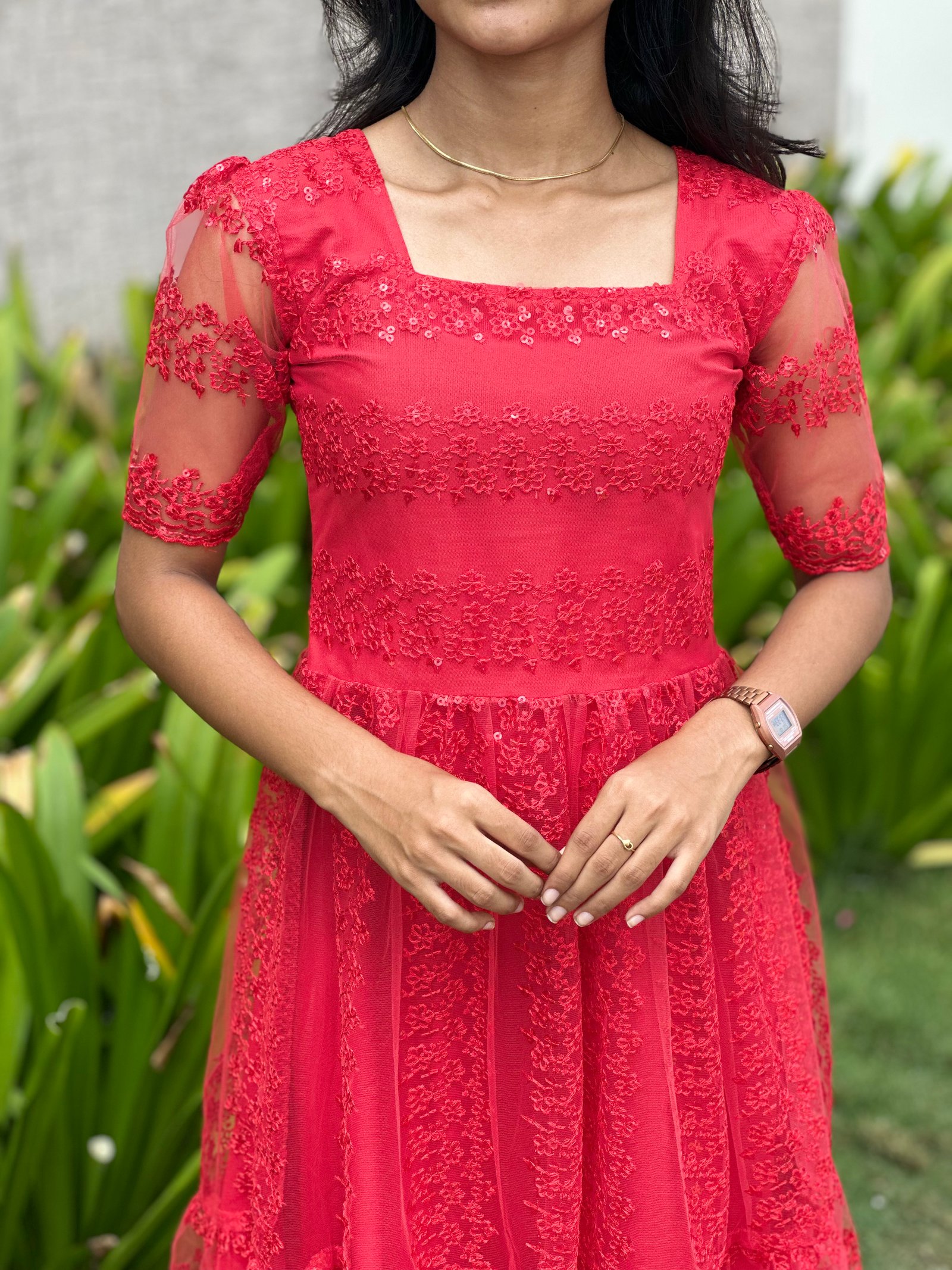 Ruby Queen Pearl Embroidered Red Maxi