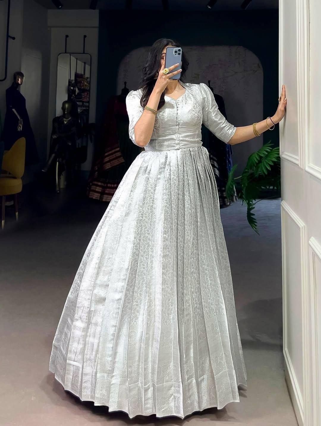 Kanjivaram Gown with Zari Weaving & Lace Touch-Up with Matching Koti – Elegant 2-Piece Ensemble